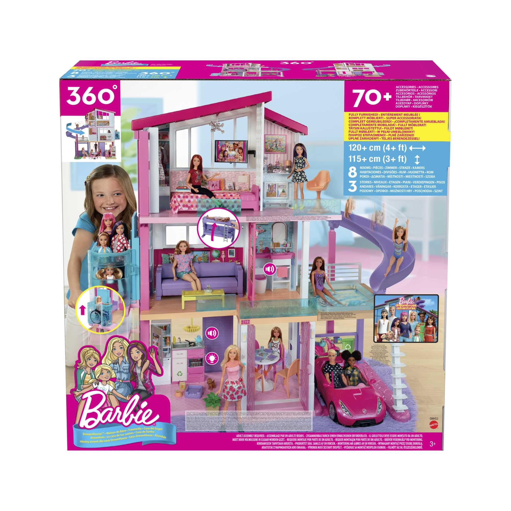 Barbie Puppenhaus Traumvilla möbliert 3 stöckig 8 Zimmer Pool Rutsche Aufzug 70 Accessoires ab 3 Jahre GNH53