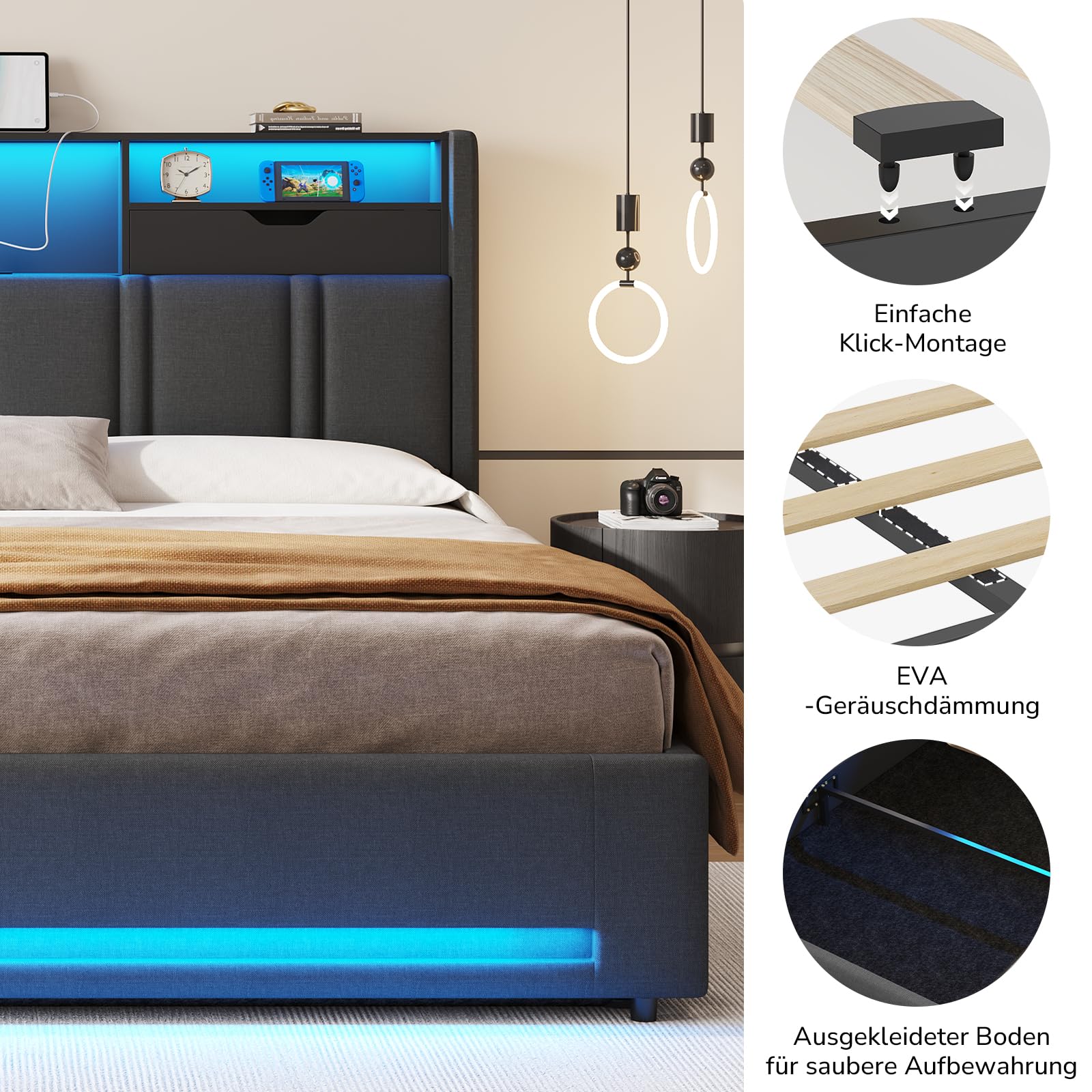 Polsterbett 180x200 cm mit LED-Beleuchtung, Bettkasten und USB-C-Ladestation inkl. Lattenrost