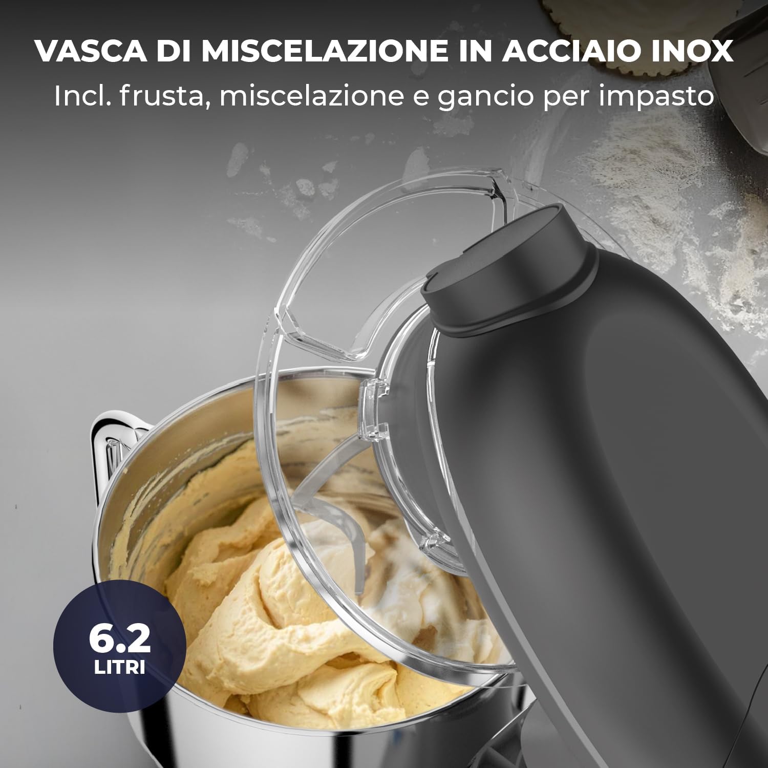 Macchina Planetaria per Pasta – 2000W – Robot da Cucina – Macchina Pasta Fresca – 6,2L Ciotola in Acciaio Inossidabile