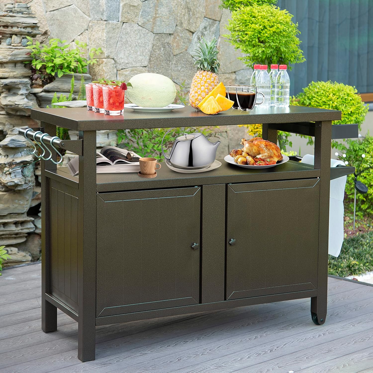 "Outdoor Grill Cart with Storage and Wheels, Metal Portable Table and Cabinet for BBQ, Deck, Patio, Backyard (Brown, L45xW20.31xH35.51 Inch)"