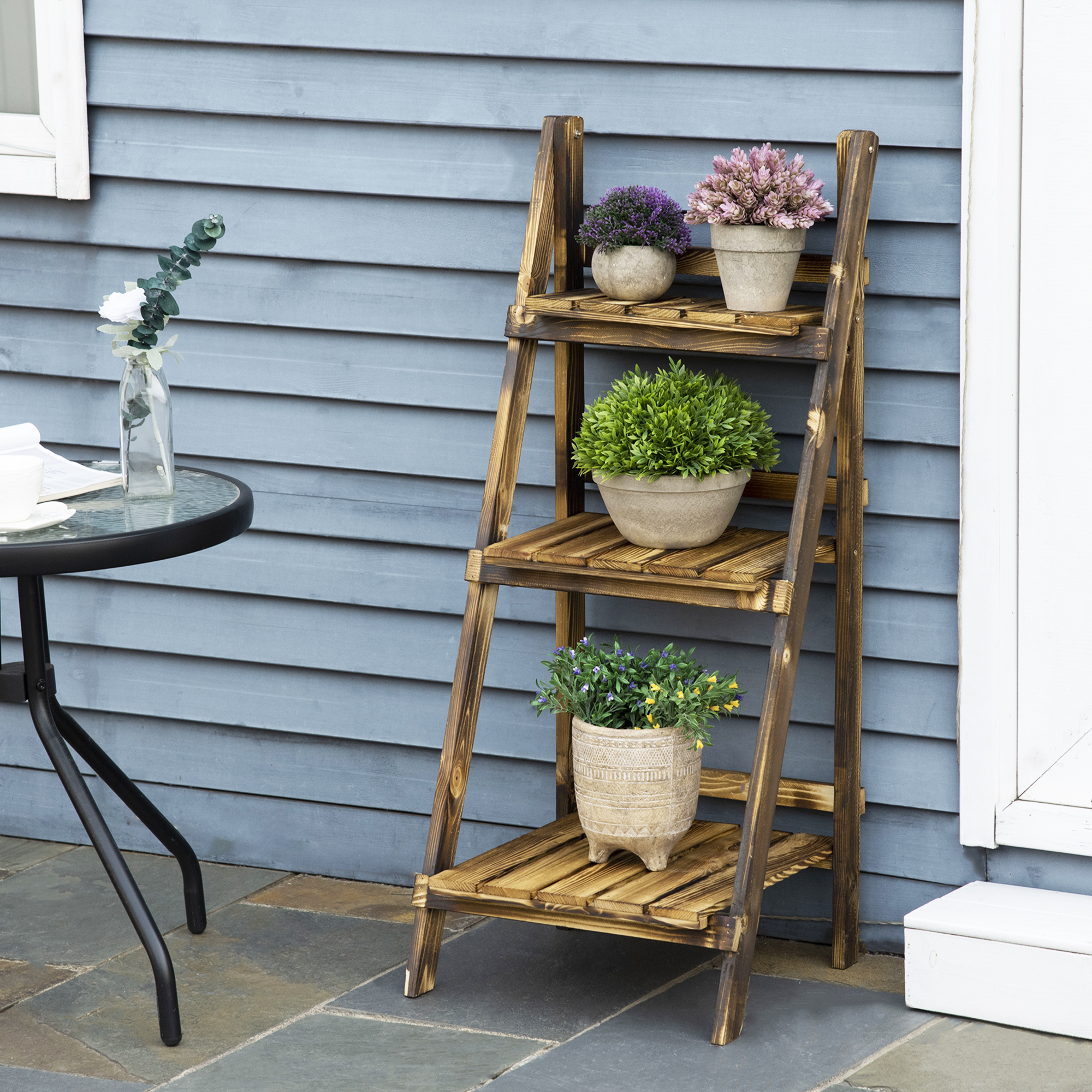 Outsunny 3-Etagen Pflanzenständer, klappbarer 93 cm hoch Blumenständer für Innen Außen, Pflanzenregal aus Holz, Blumentopfständer mit Tabletts, Blumentreppe für Wohnzimmer, Garten Balkon, Dunkelbraun