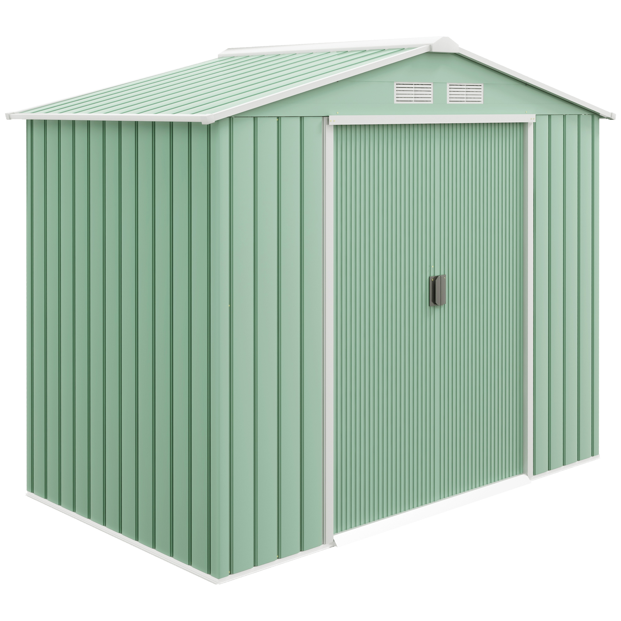 Outsunny Gartenschuppen, 2 Schiebetüren, Lüftungsfenster, Bodenrahmen, rostfrei, Stahl, hellgrün, 2,13 x 1,30 x 1,85 m