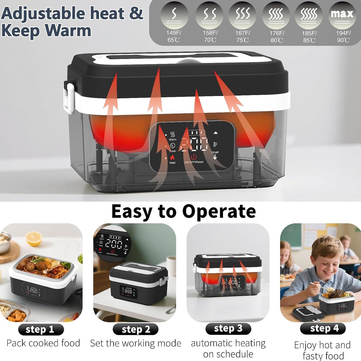 Scatola per il pranzo elettrica senza fili per adulti, 1 l 16000 mAh, ricaricabile, ciotola riscaldata, per il pranzo con riscaldamento automatico, per viaggi, ufficio, picnic (nero)