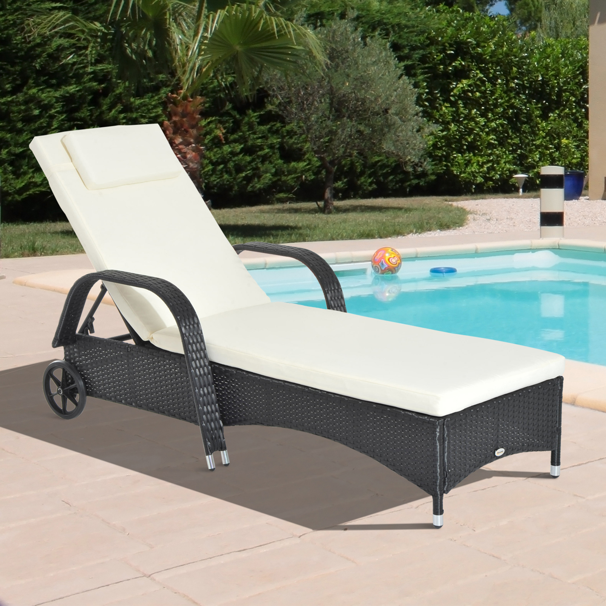 Outsunny Gartenliege mit Auflage, verstellbare Rückenlehne, Metallgestell, Polyrattan, schwarz+creme, 200 x 73 x 103 cm