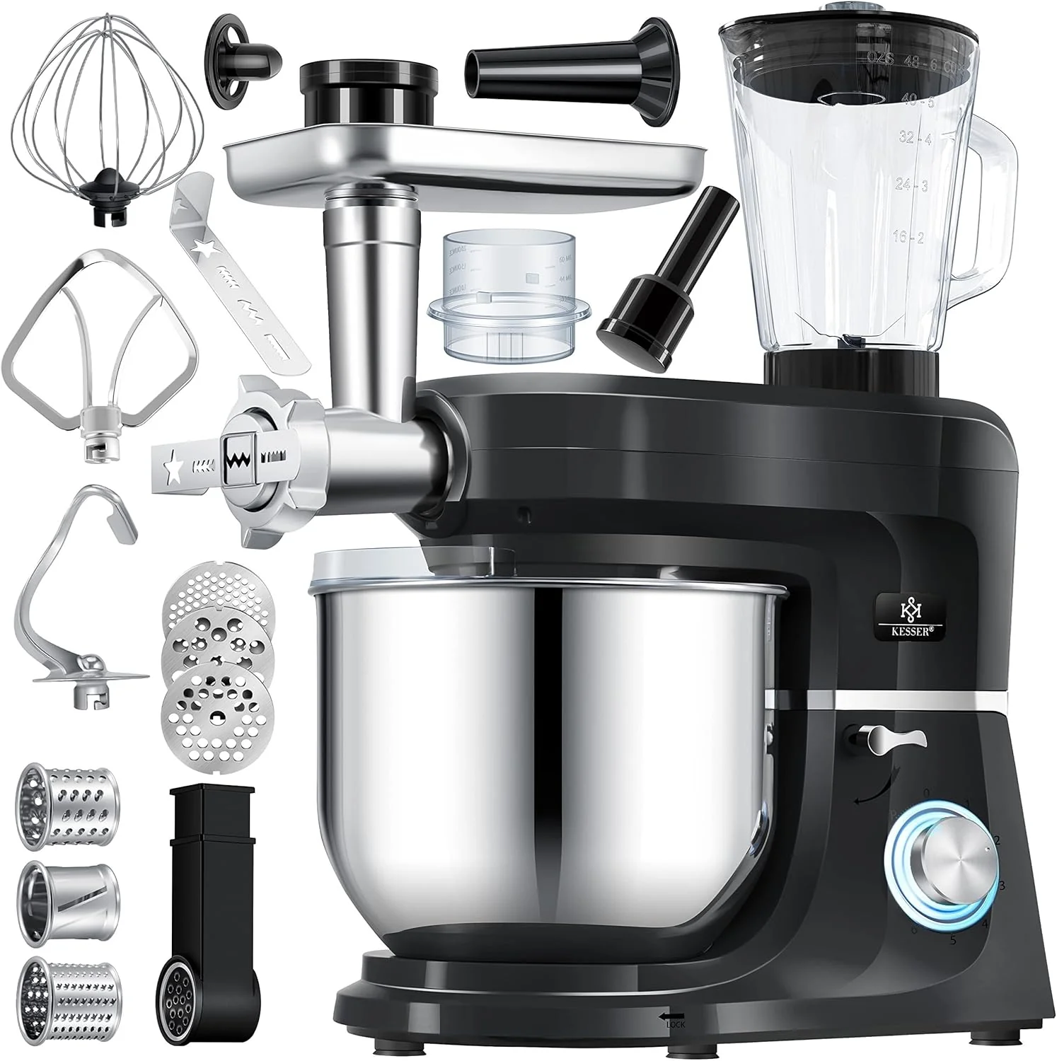 KESSER® 3 in 1 Universal Küchenmaschine K-KM 3000 mit Fleischwolf Knetmaschine Multifunktionale Rührmaschine 5,5L Schüssel mit 3 Rührwerkzeuge, 1,5L Entsafter, Zubehör-Set, Pasta & Gebäckformen