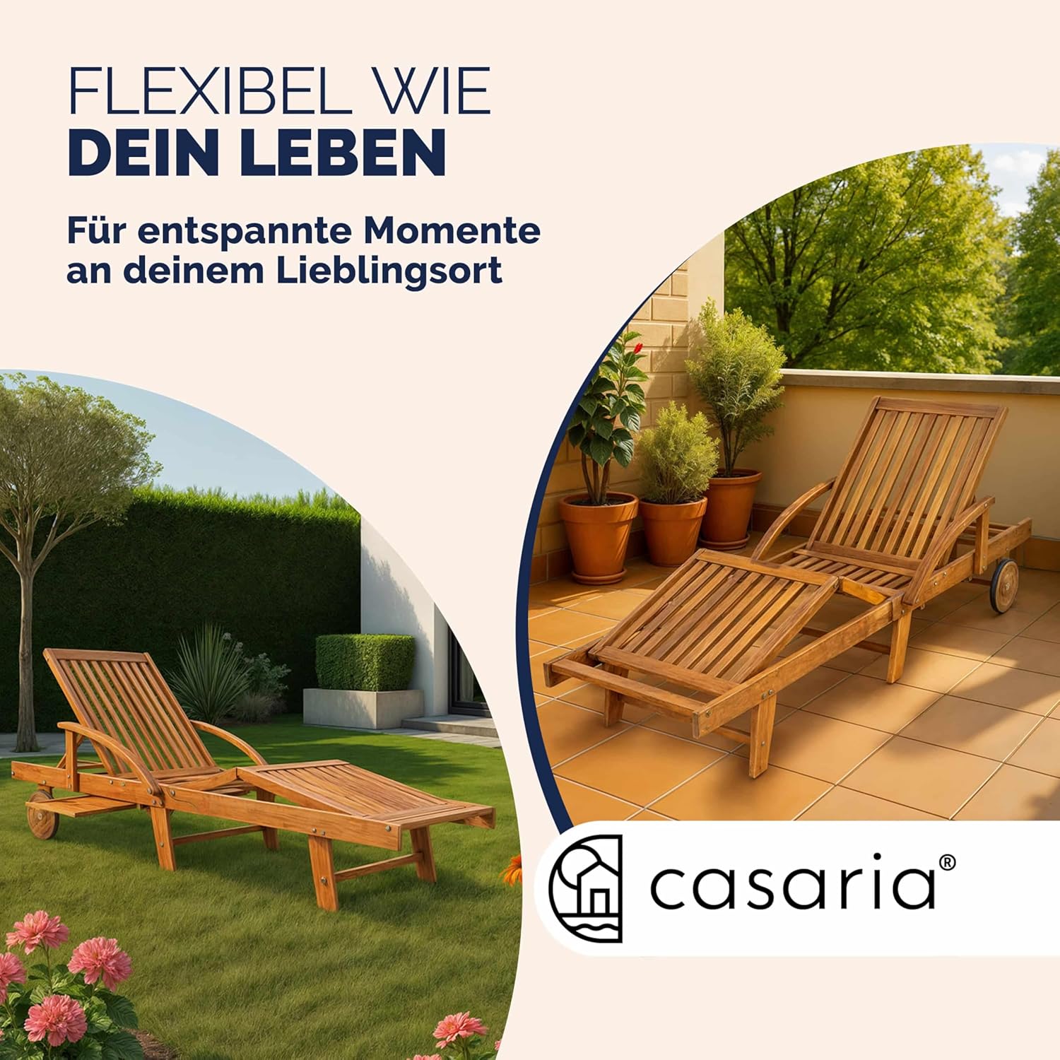 Casaria® Sonnenliege Klappbar Wetterfest Holz Gartenliege 160kg Belastbar mit 2 Räder Ablage Tisch Liegestuhl Verstellbare Rücken- Fußlehne Garten 196cm