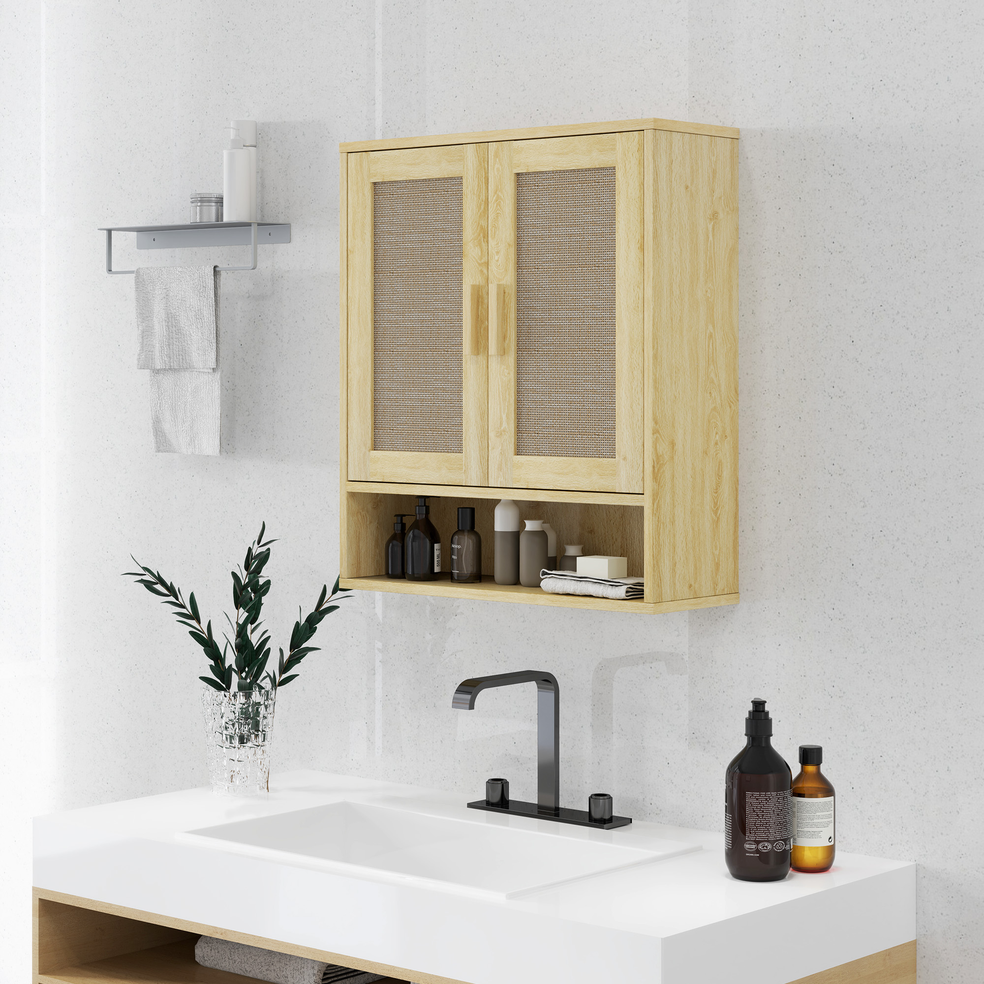 HOMCOM Wandmontage Badezimmerschrank Hängeschrank mit Doppeltüren und offenes Regal 59 x 20 x 66,5 cm Eichenholz-Effekt