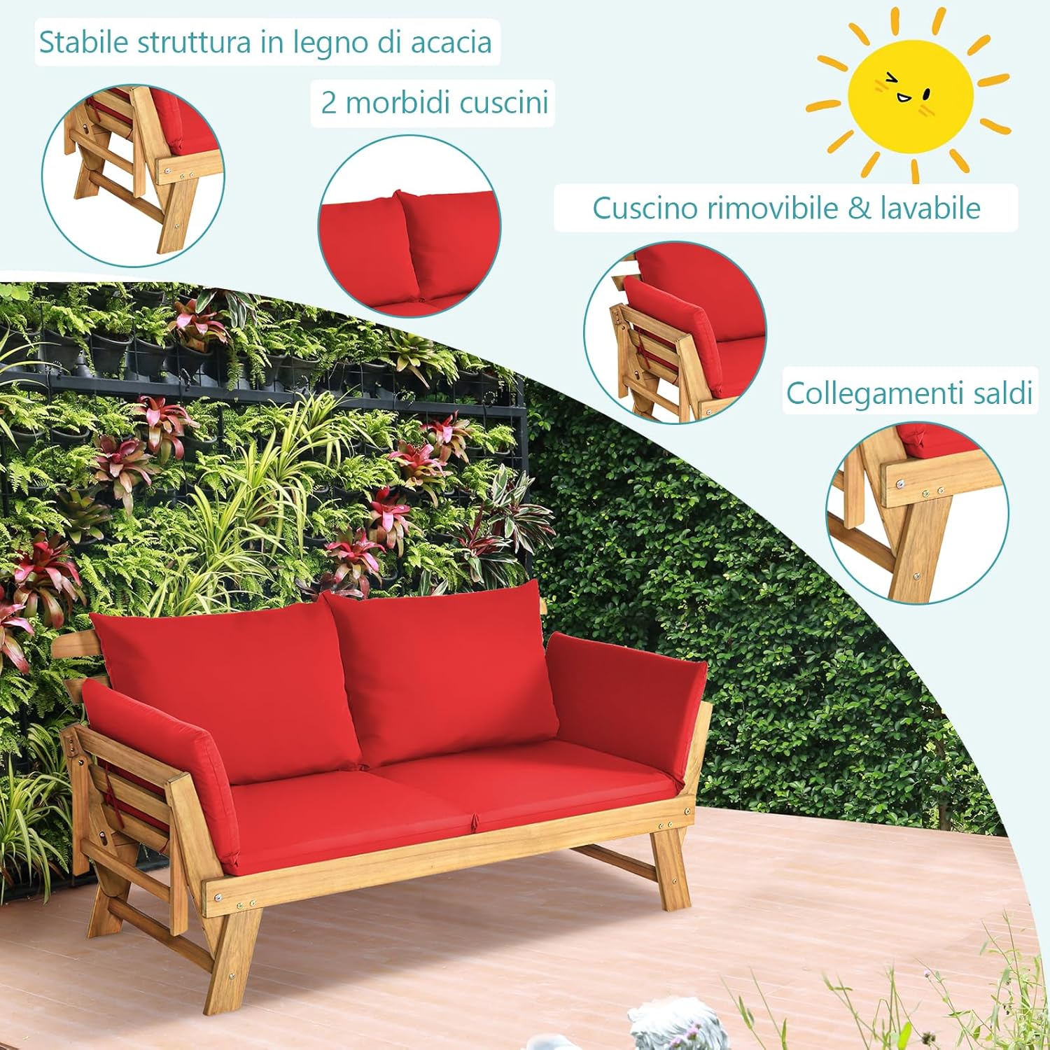 GYMAX 2 in 1 Outdoor Sofa 2 Seater Garden Sofa Bed with Cushion, Folding Wooden Garden Lounger with Adjustable Armrests, Garden Sofa Set, 157-198 x 75 x 75 cm (Red)