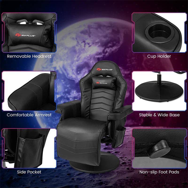Ergonomic Gaming Recliner Chair with Massage, Retractable Footrest & Cup Holder, Height Adjustable Racing Style Swivel Video Game Chair
