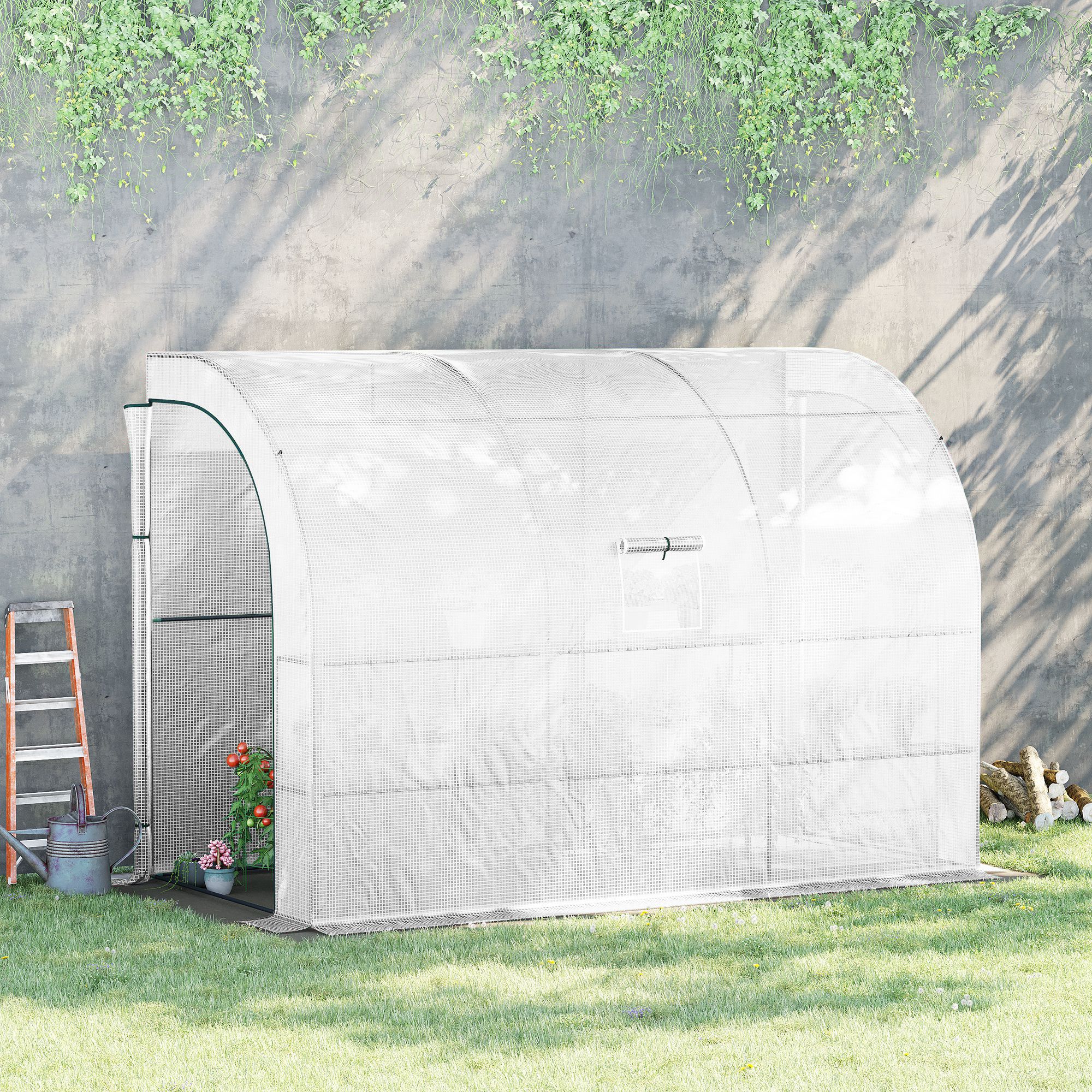 Outsunny Gewächshaus, Gartengewächshaus mit Kunststoff-Abdeckung, UV-beständig, 3 Etagen, Reißverschlusstüren, Weiß