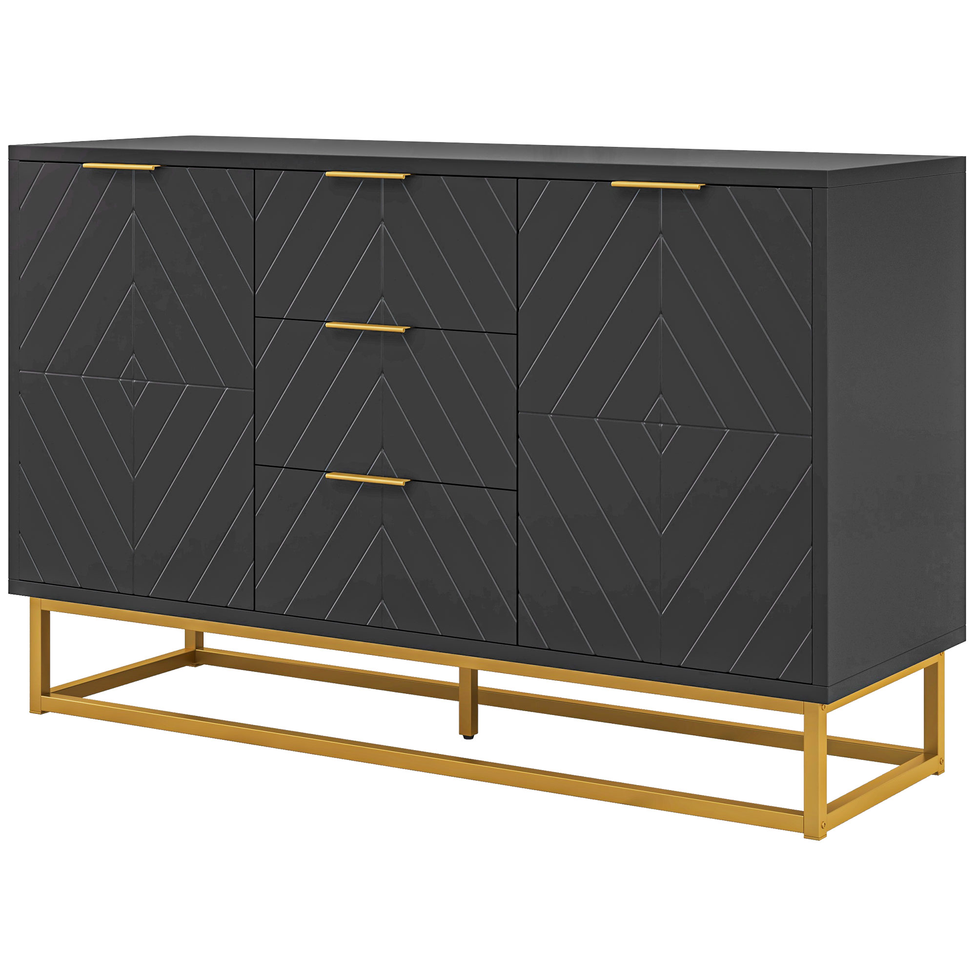 HOMCOM Buffet zeitgenössisches grafisches Design 2 Schranktüren mit verstellbaren Regalen 3 Schubladen in schwarzem Holz mit goldenem Metall