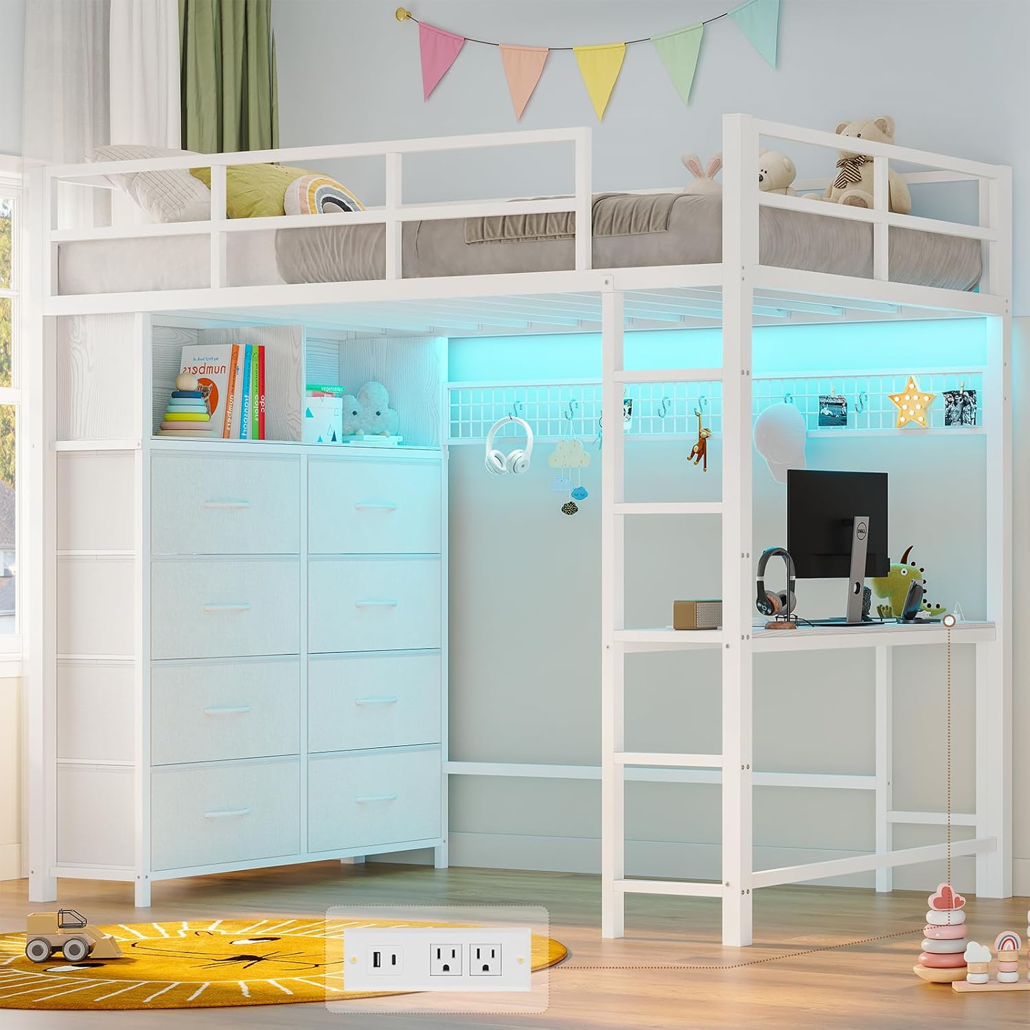 ADORNEVE Twin Size Loft Bed with Desk and 8 Storage Drawers, Metal Kids Loft Bed Twin with LED Lights & Charging Sation, Storage Shelves, 13.1