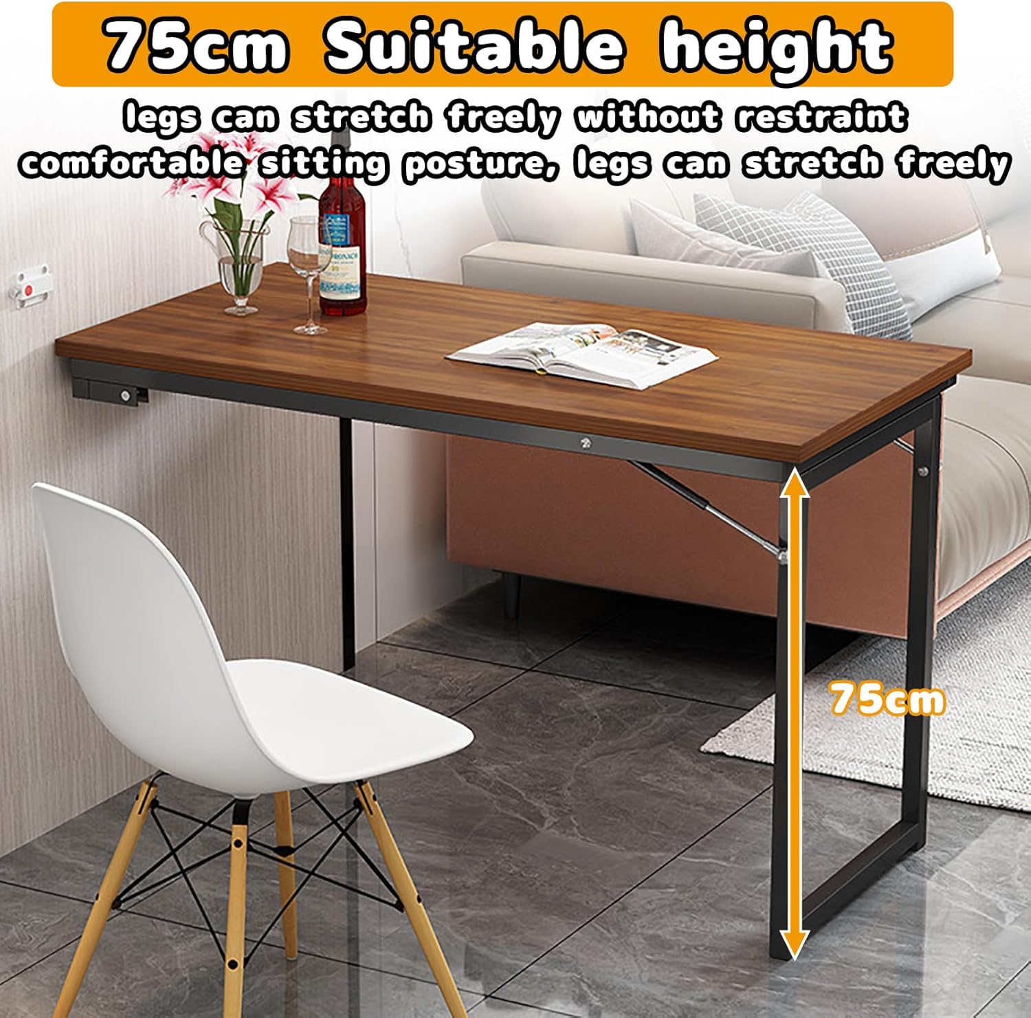 Wandtisch klappbar Drop-Leaf-Wandklapptisch, klapptisch wandhalterung, klappbarer Küchentisch für 2-4 Personen, 90×60×75cm, Klapptisch Wand Platzsparender, Küchenregal für Balkon