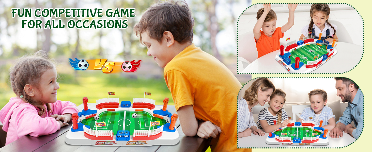 Il testo dice ?GIOCO COMPETITIVO DIVERTENTE PER TUTTE LE OCCASIONI?. Prodotto da gioco di calcio da tavolo mostrato nelle immagini d'uso e nella confezione, caratterizzato da un design compatto con diverse posizioni di gioco.
