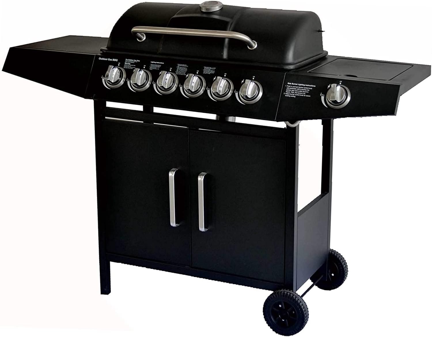 Barbecue 6+1 a gas, con vassoio raccogli olio, tavoli laterali, coperchio e ruote, per giardino, terrazza, campeggio