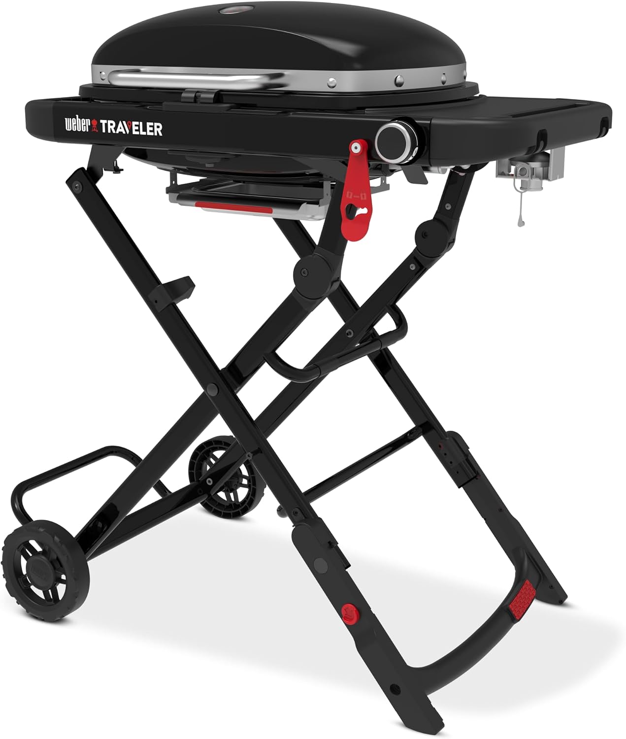 Weber Traveler Compact Gasgrill/Klappbarer und tragbarer Gasgrill mit Rädern, automatischer Deckelverriegelung und integriertem Thermometer, 1 Brenner, Grillfläche 52 x 36 cm, schwarz