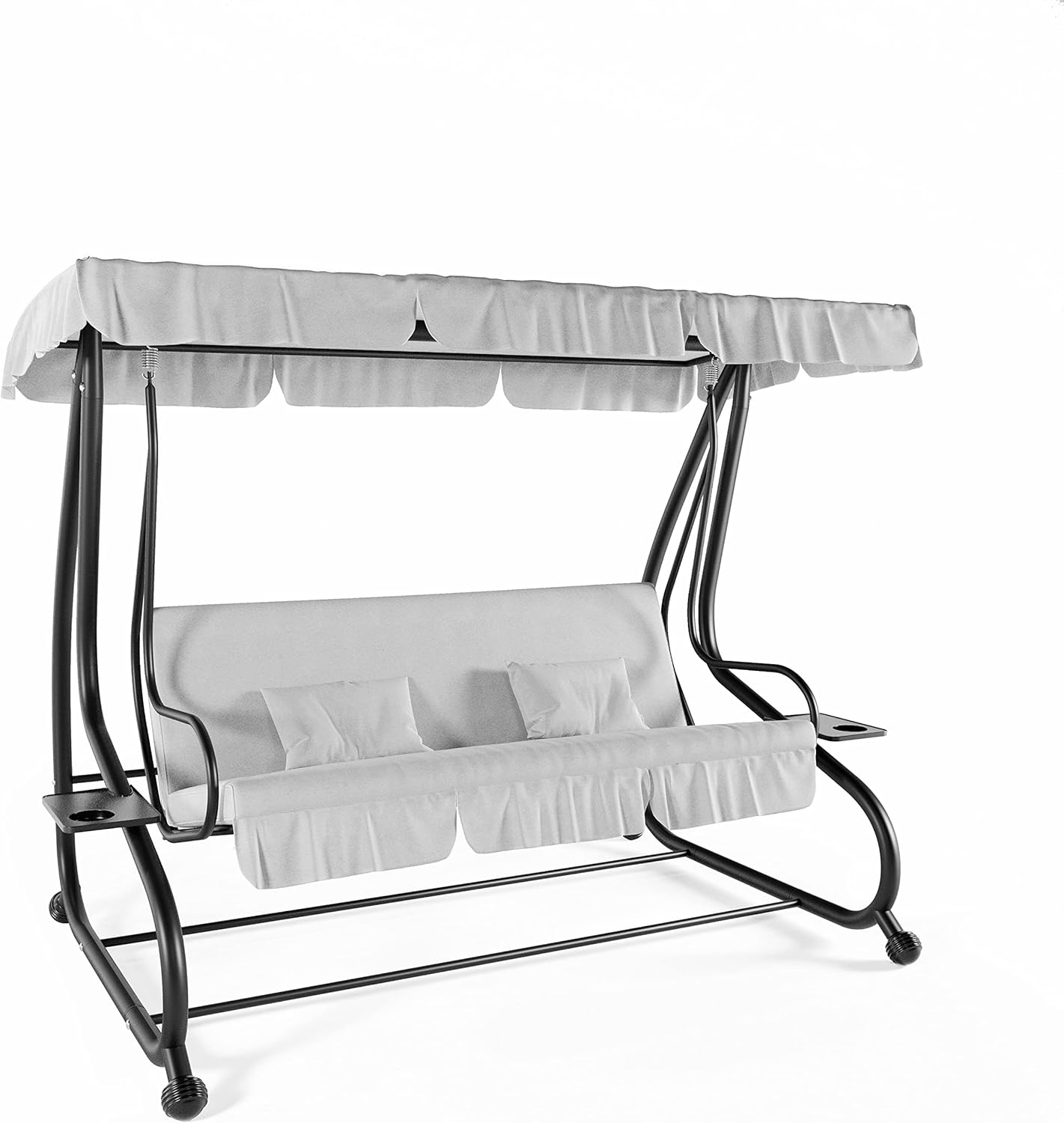 3-Seater Reclining Swing Chair with Padded Cushions Sun Shade Adjustable Canopy Becomes Bed Structure Sturdy Painted Steel Garden Outdoor Balcony Terrace Pool 200 x 120 x 160 cm Grey