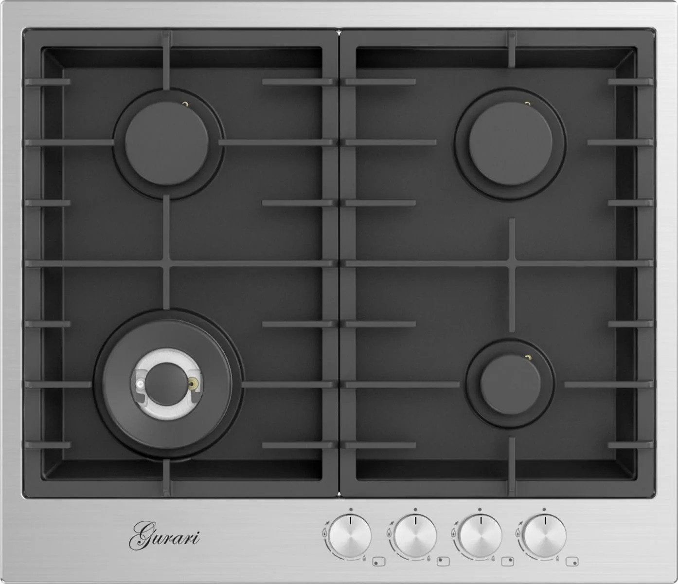 Gas-Kochfeld TX604VTGL 60 cm, Edelstahl - Schwarz 4,0 KW WOK, 4 Gasbrenner, Autark