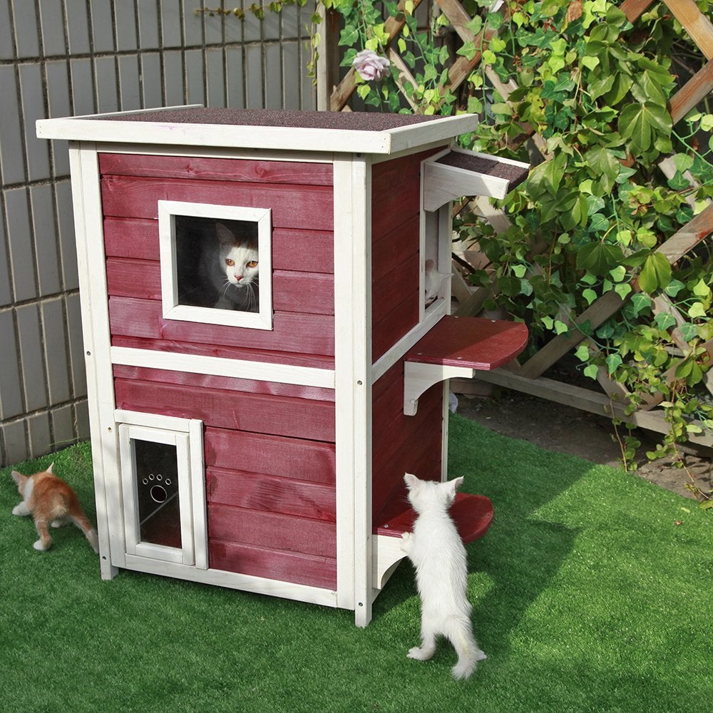 Petsfit 2 Story Weatherproof Outdoor Kitty Cat House/Condo/Shelter with Escape Door 20 Lx20 Wx32 H