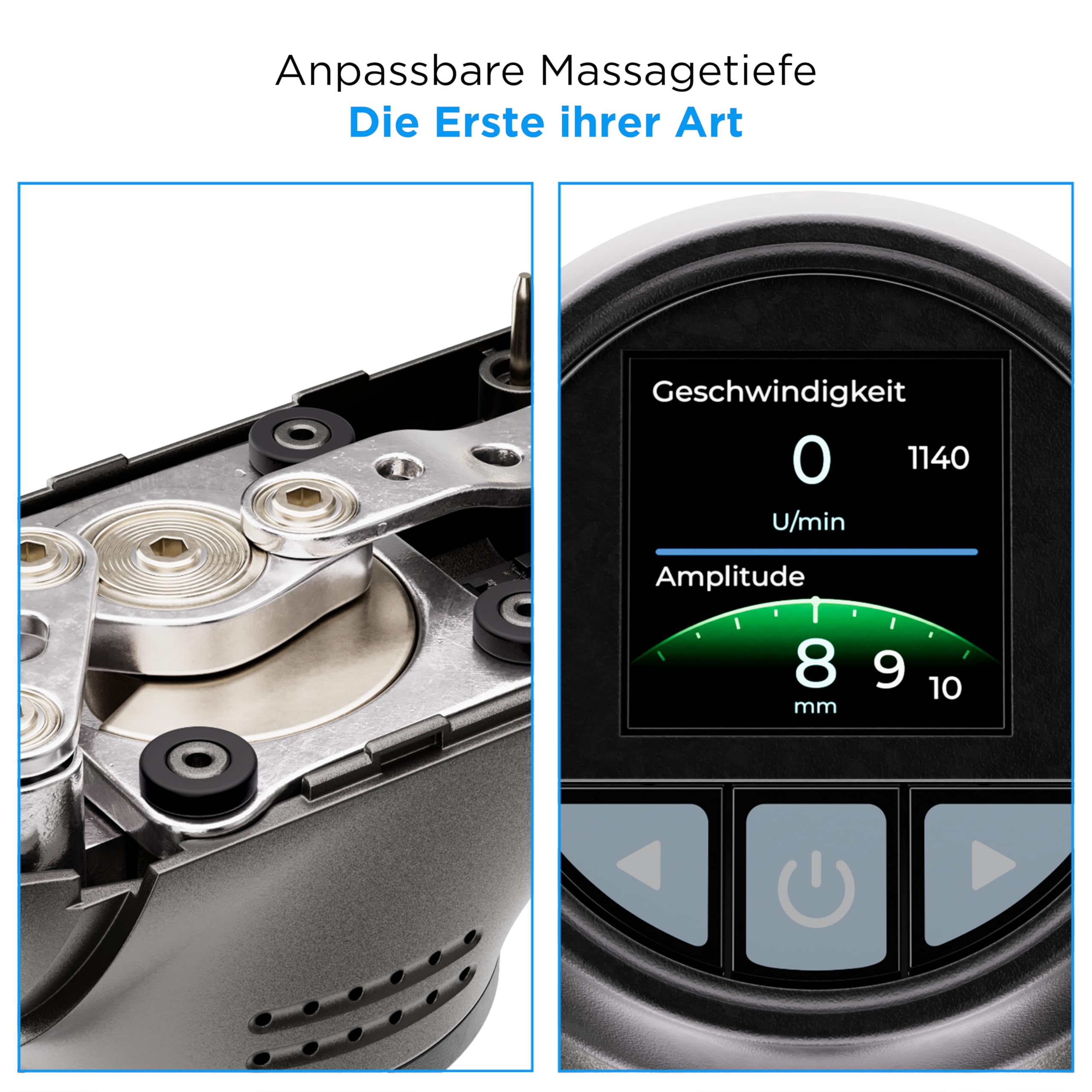 Massagepistole mit variabler Amplitude 8–12 mm und interaktiver App, 8 Aufsätzen und 4000 mAh Akku