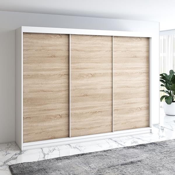 A&J MöbelLand Mero Schwebetürenschrank 200 cm, Kleiderschrank 3-türig mit 4 Schubladen (Weiß/Sonoma)
