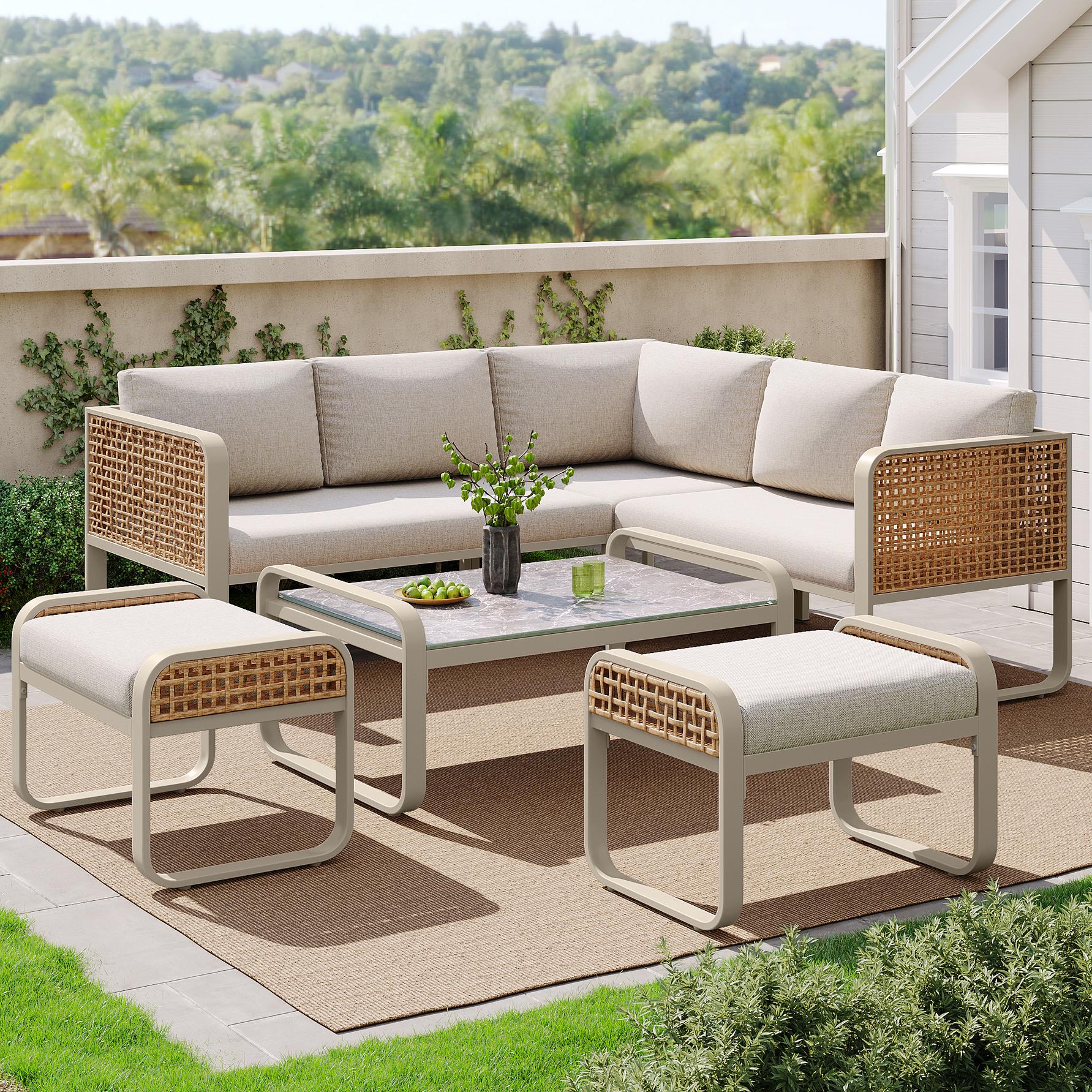 Loungemöbel Rattan-Garten-Sofa mit Kissen Verstellbare Tischbeine Garten Modernes Garten-Lounge-Set für 6-7 Personen Beige