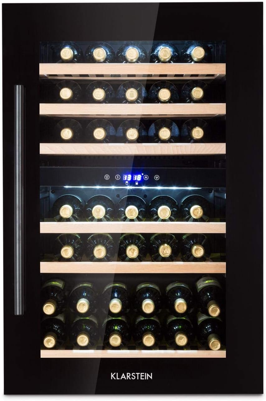 KLARSTEIN Cantinetta Vino Design, Cantinetta Vino Refrigerata a Zona Doppia per Vino Rosso, Bianco e Birra, Controlli Touch, Frigo Vino Cantinetta per Esterno/Interno, 5-22°C, 85L, 36 Bottiglie
