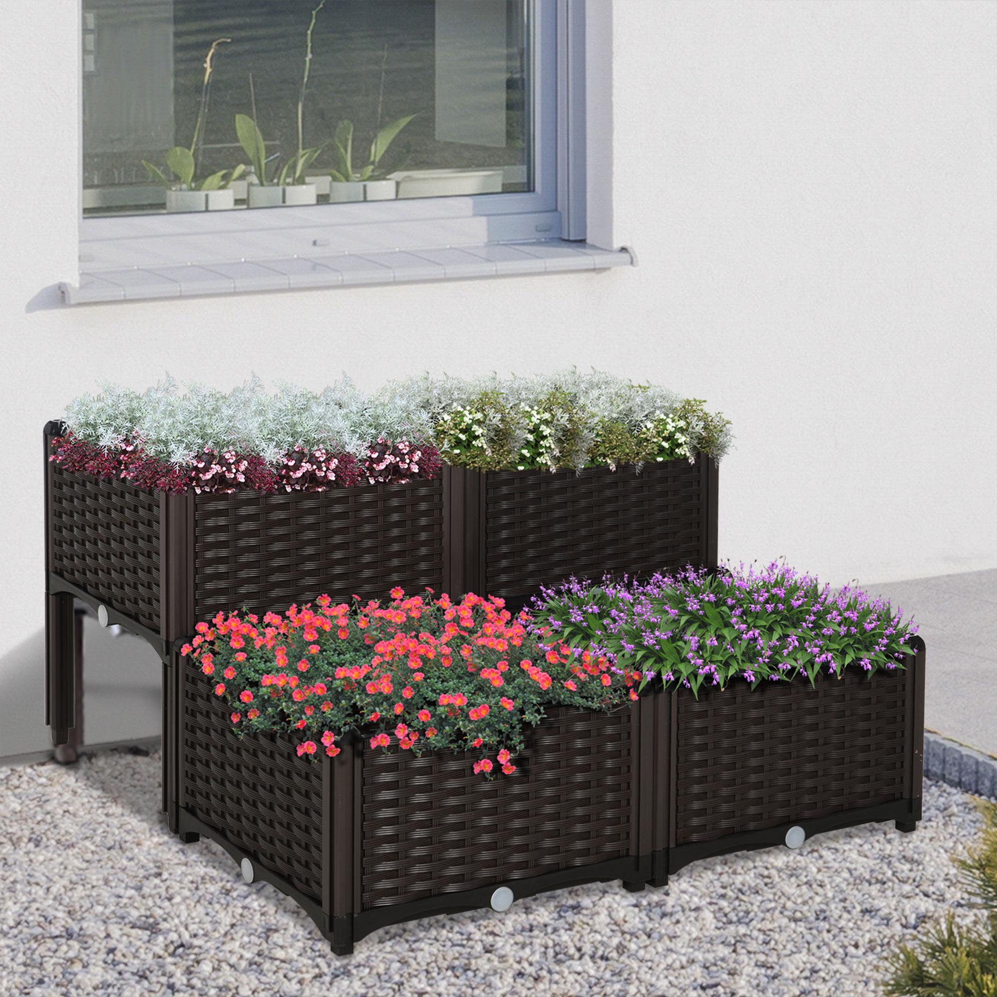 Outsunny Hochbeet, Pflanzkasten mit Abflusslöchern, Blumenkasten im Rattan-Look, Kunststoff, Braun, 40 x 40 x 44 cm