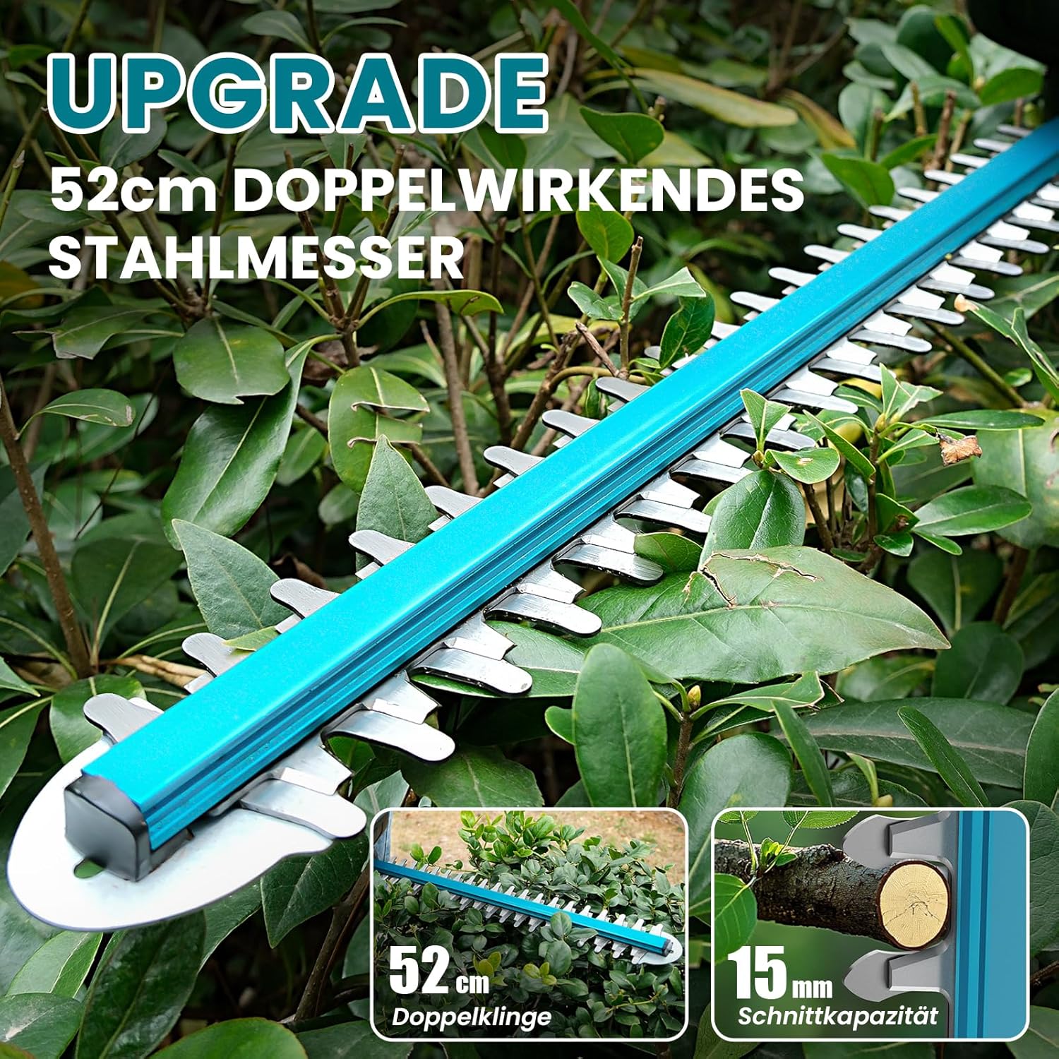 Akku Heckenschere 21V mit 8000mAh Akku, 600W Bürstenlosem Motor, Heckenschere Elektrisch mit 52 cm Schnittlänge, Schnittdurchmesser 15 mm – TrimCut PRO
