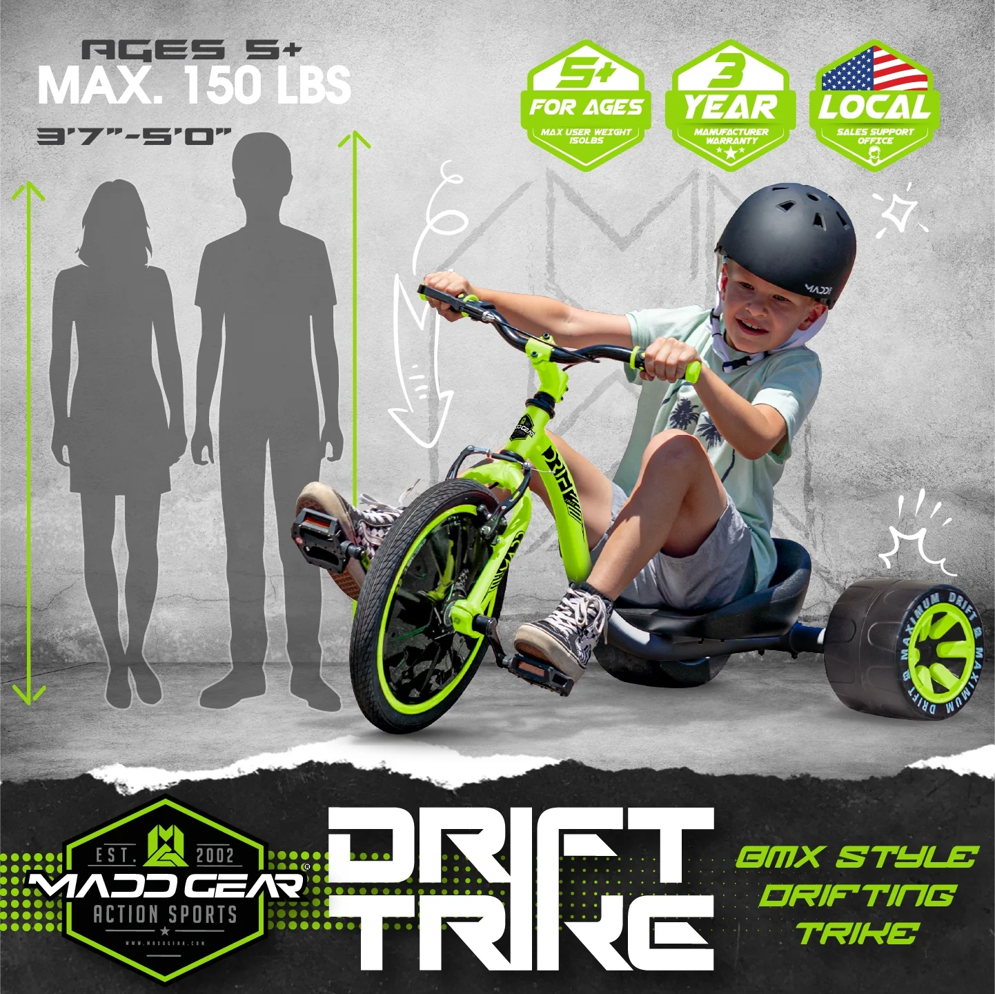 Madd Gear Drift Trike Strong Steel Frame Tricycle Adjustable Seat Black Green Machine 5 Years & up