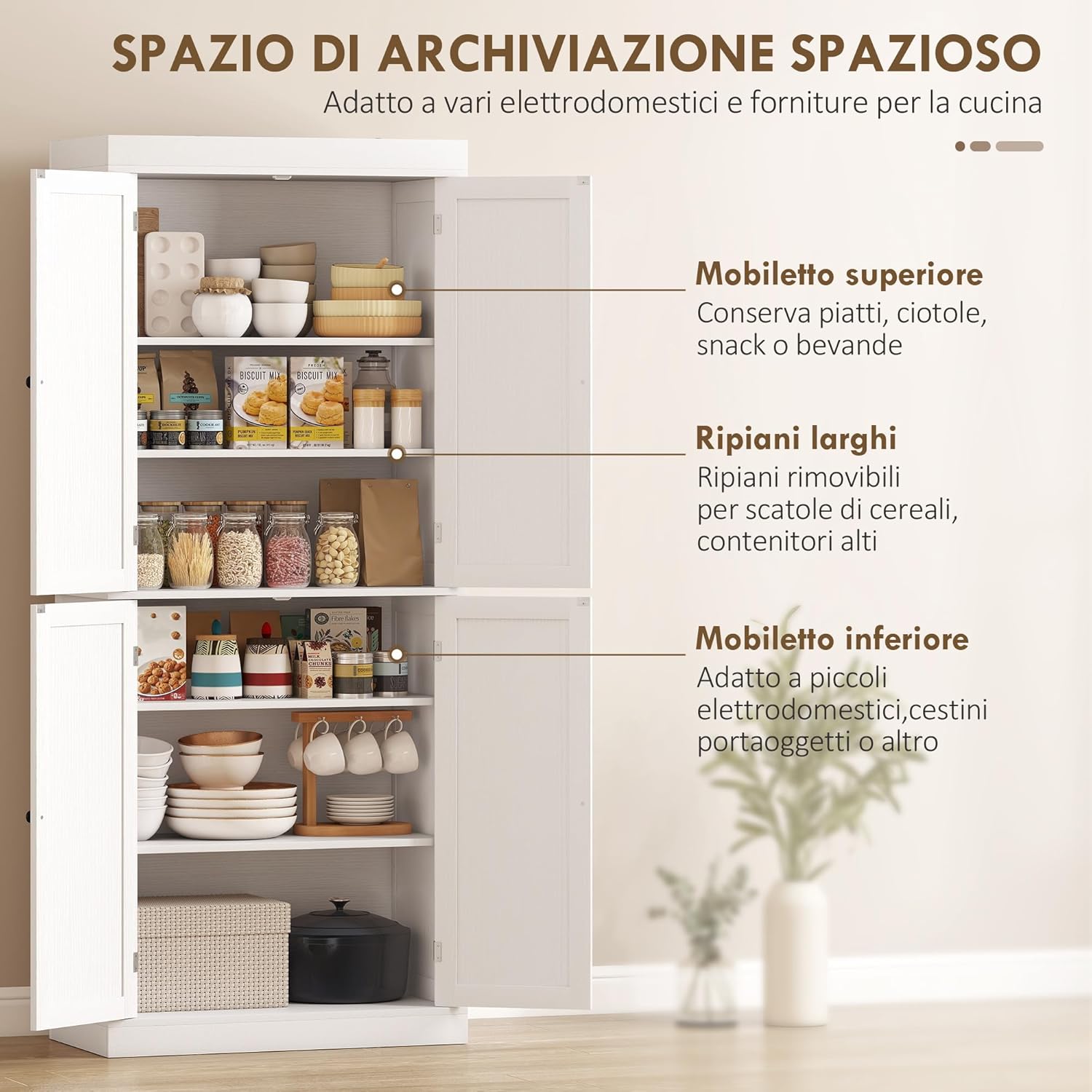 HOMCOM Mobile Cucina Alto con 6 Ripiani e 2 Ante, Armadio Dispensa con Ripiani Regolabili in Legno, 76x40.5x184 cm, Bianco
