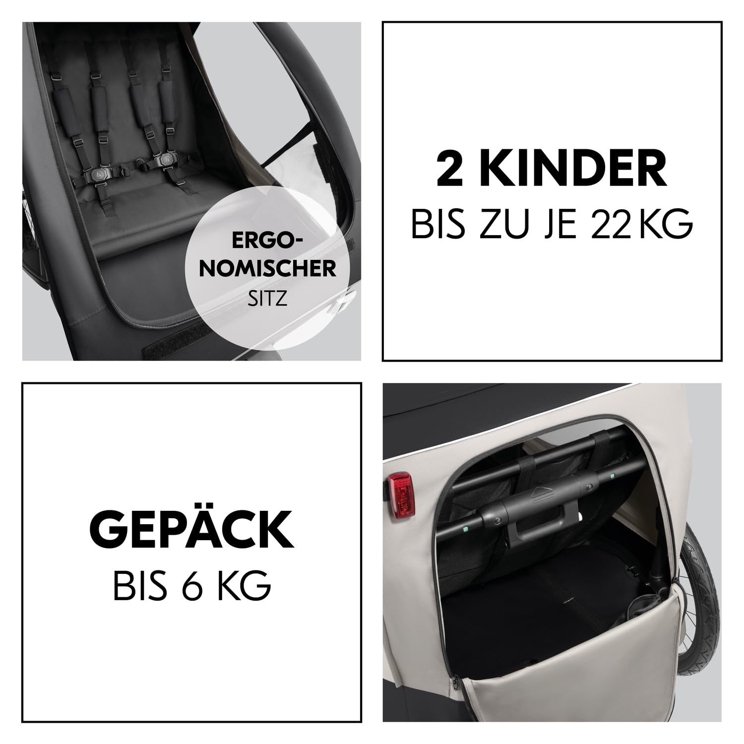 hauck Fahrradanhänger & Kinderwagen Dryk Duo Plus mit Federung, für 2 Kinder (6-48 Monate), inkl. Deichsel, Buggyrad, Fahne und LED Licht, Faltbar, Höhenverstellbar, XL Kofferaum (Dark Green)