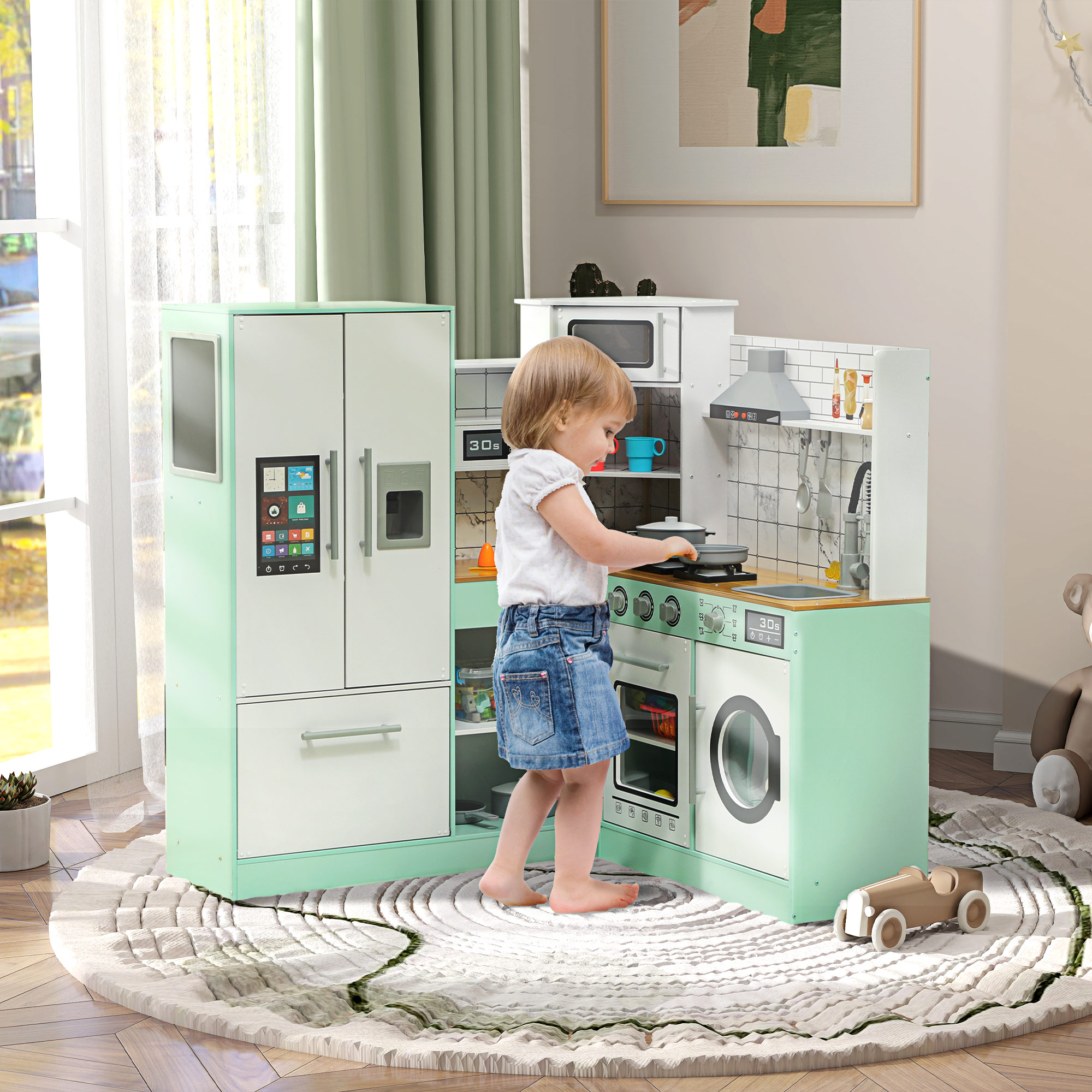 AIYAPLAY Kinderküche zum Spielen, Küchenset mit Tafel, Dunstabzugshaube, realistische Licht- und Soundeffekte, Küchenutensilien