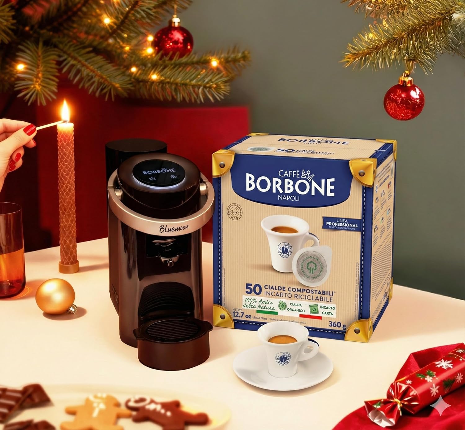 CAFFÈ BORBONE Bluemoon Espresso and Infusion Machine – Compatible with E.S.E 44 mm Pods + 50 Compostable Pods Blue Blend – Body 8.5 – Christmas Gift Idea – Christmas Gift Idea