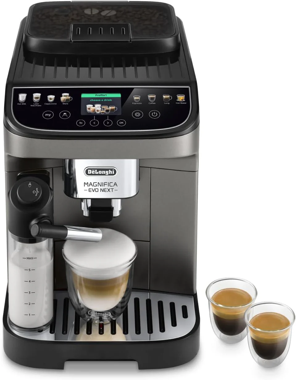 De'Longhi Magnifica Evo Next ECAM312.80.TB, Kaffeevollautomat mit 13 Getr?nken (Cappuccino, Espresso, Latte Macchiato), 2,4'' TFT Farbdisplay, LatteCrema Milchsystem, 2-Tassen-Funktion, Titan