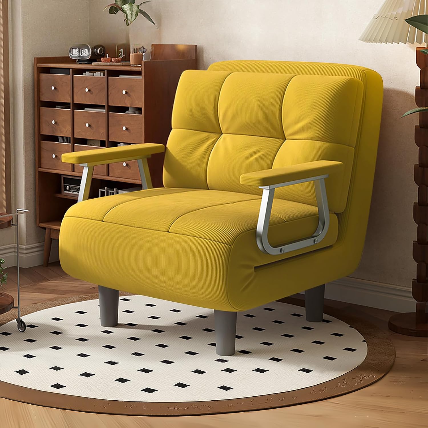 Fabulcozy - Poltrona letto convertibile a 1 posto – Ottimo comfort, rimovibile con cuscino, braccioli e piedi in metallo (Giallo)