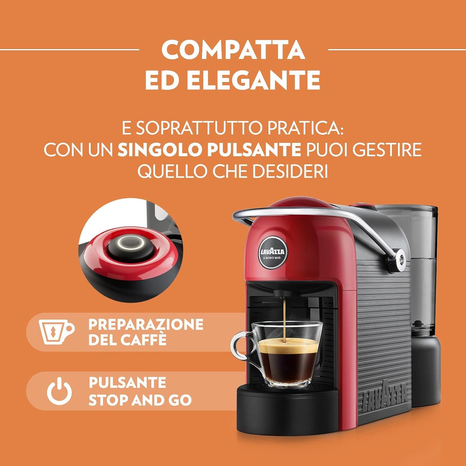 Lavazza A Modo Mio Jolie Evo, Macchina per Caffè Realizzata con 36% di Plastica Riciclata, Macchina Espresso con 64 Capsule Lavazza A Modo Mio Crema e Gusto Classico Incluse, Rossa