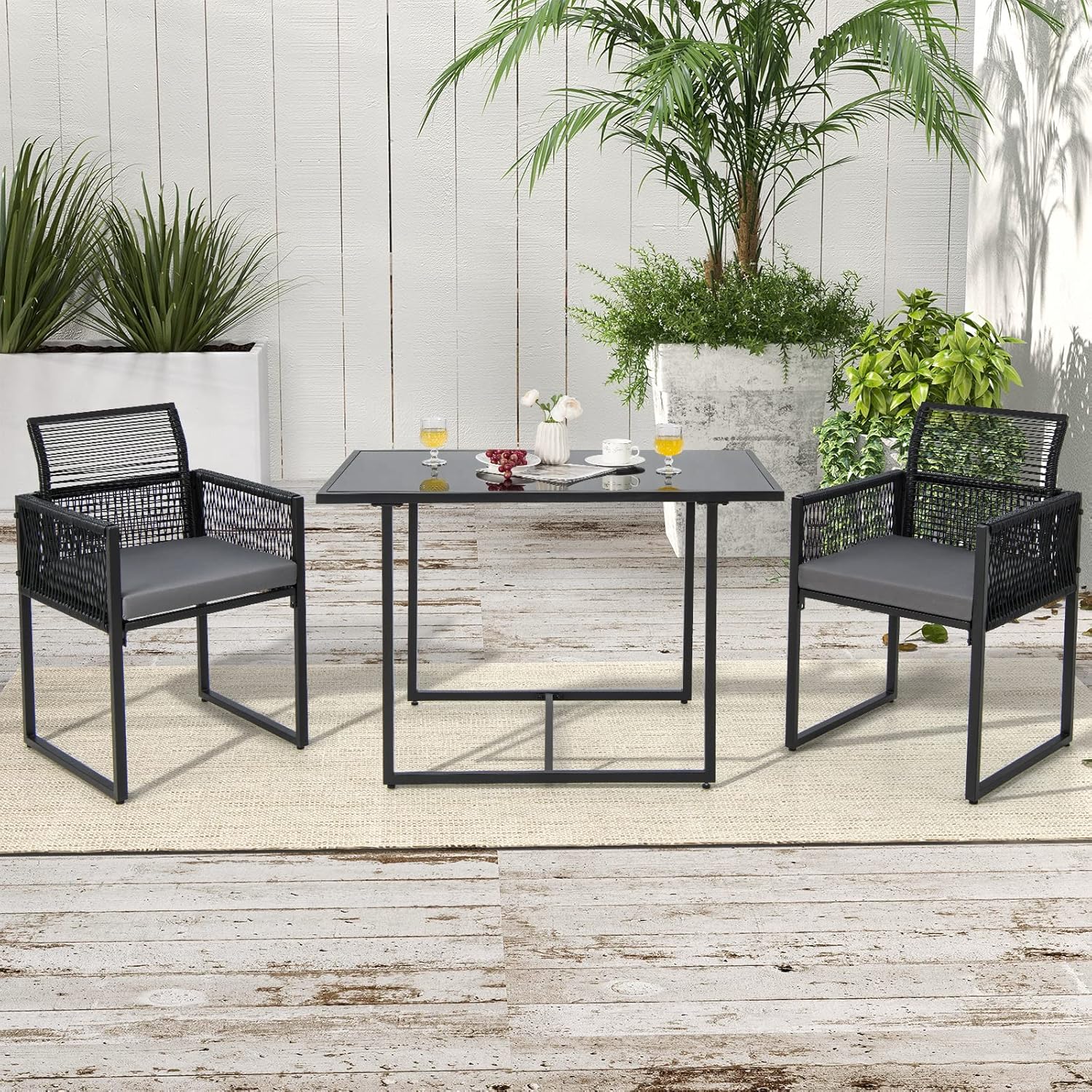 KOMFOTTEU 3 Piece Furniture Set, Table and 2 Chairs Set PE Rattan Dining Set with Folding Chairs, Removable Cushions, Glass Table for Garden, Patio, Terrace