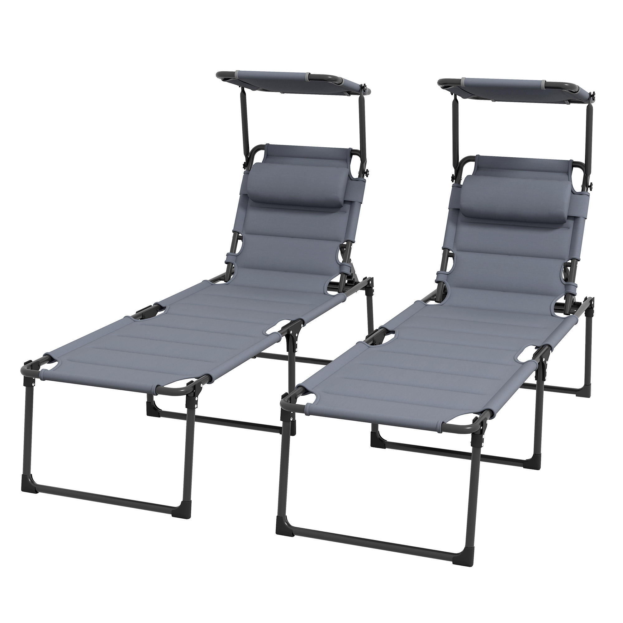 Outsunny 2er-Set Sonnenliegen, klappbare Liegestühle mit großem Komfort, verstellbare Sonnenschutztasche, mehrere Positionen, grau