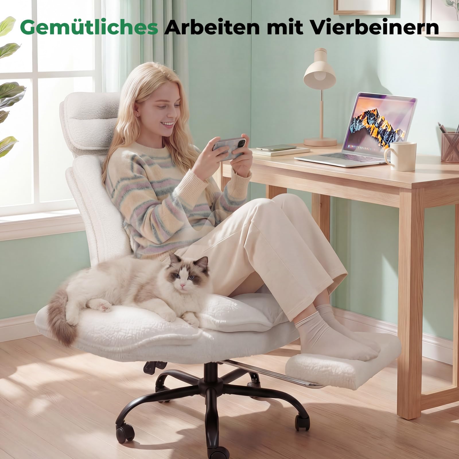 Big & Tall Bürostuhl mit extra breiter Sitzfläche und Teddyplüsch-Bezug, höhenverstellbar bis 181 kg