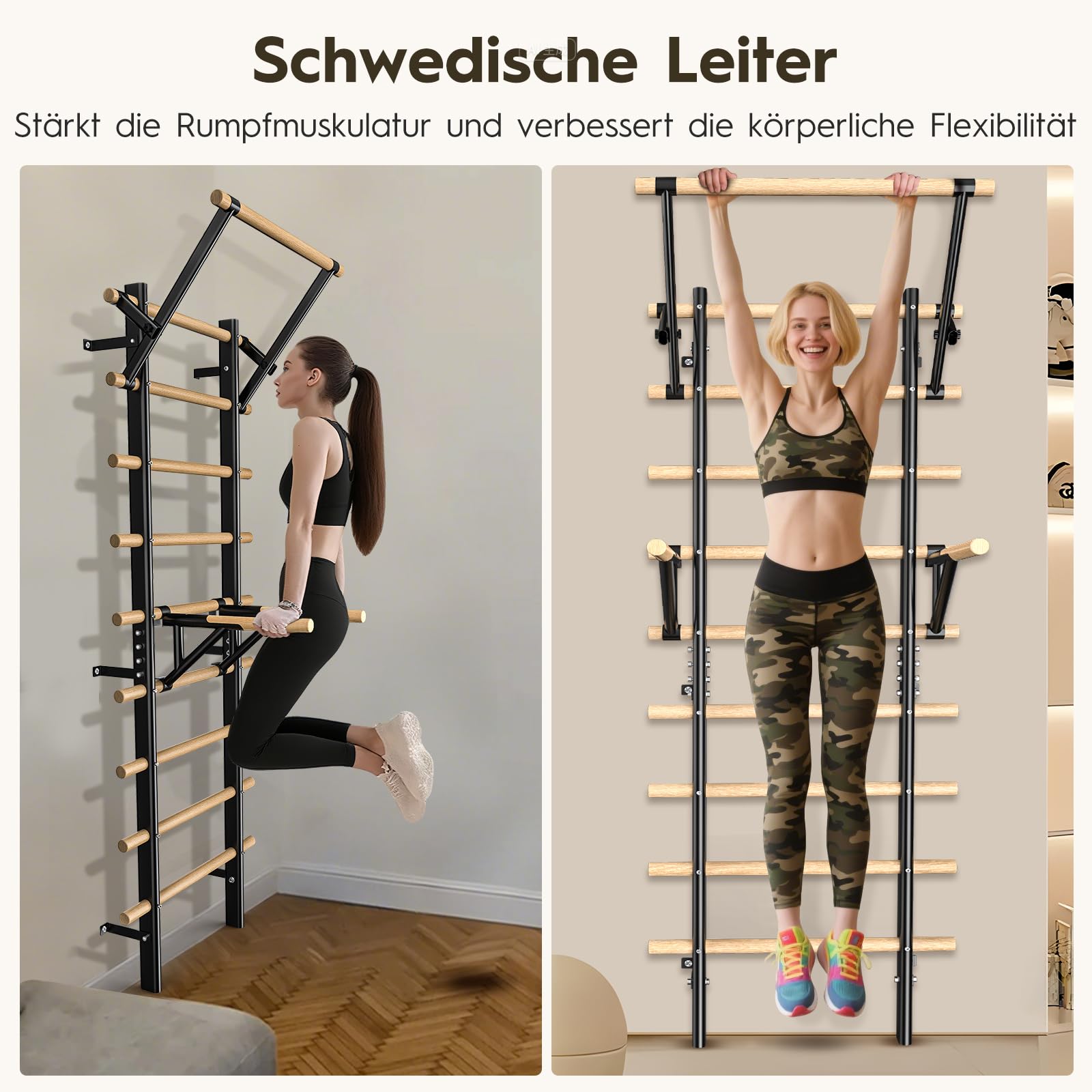 Sprossenwand mit Klimmzugstange und Dip-Barren aus Buchenholz, 220 cm, höhenverstellbar