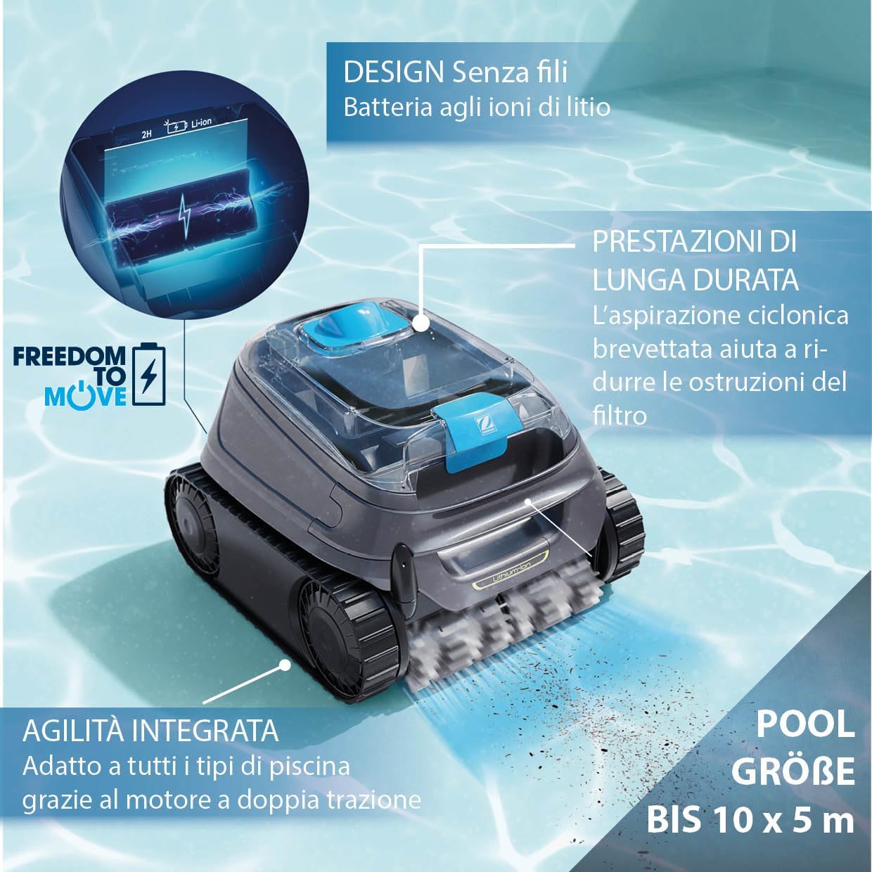 Zodiac Robot Elettrico per Piscina Freedom CNX-Li 52 IQ, per Piscine Fino a 10x5m. Batteria al Litio, Base di Ricarica, filtrazione fine e connettività Tramite App i AquaLink