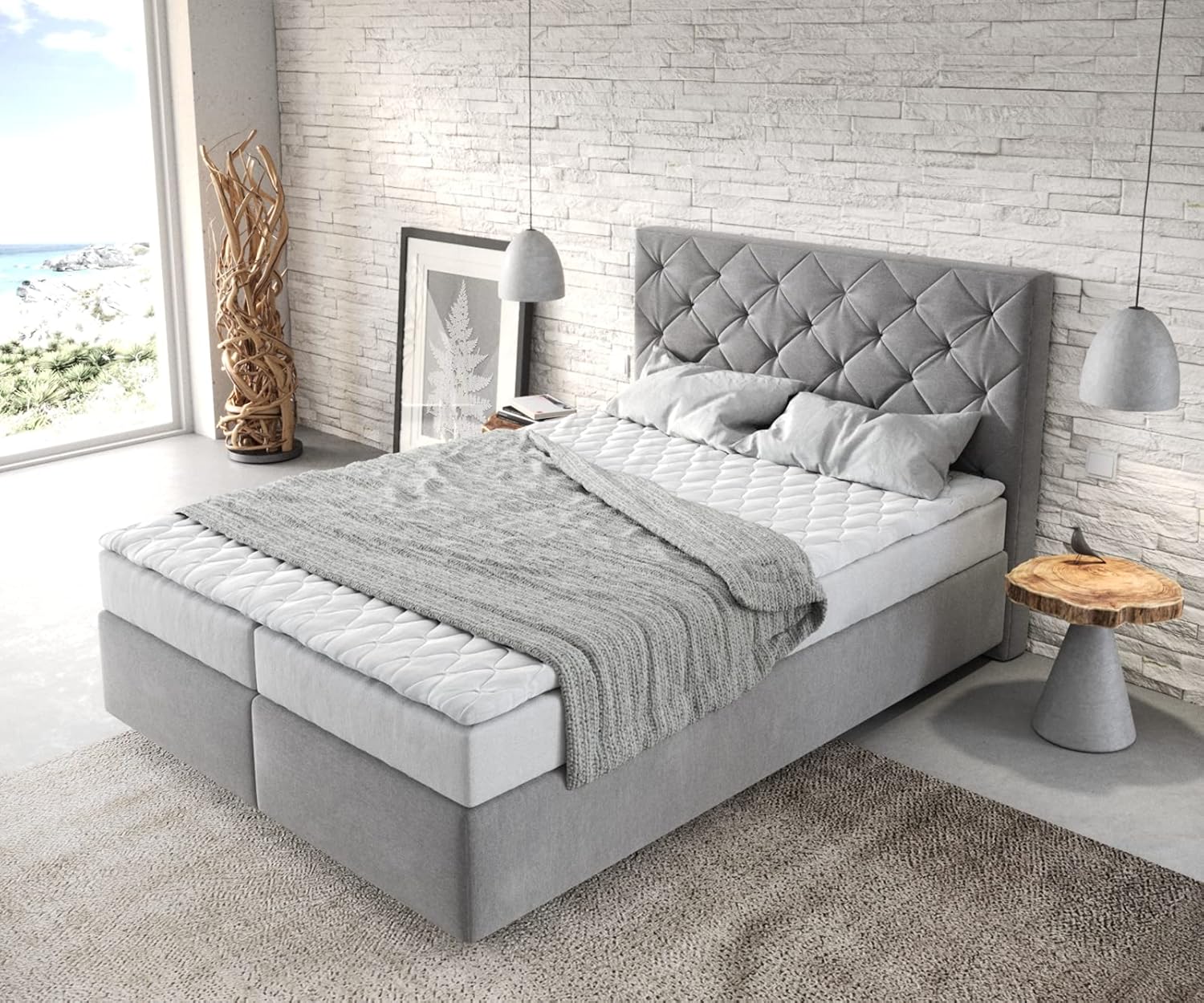 DELIFE Boxspringbett Dream-Great Mikrofaser Grau 140x200 cm mit Matratze und Topper