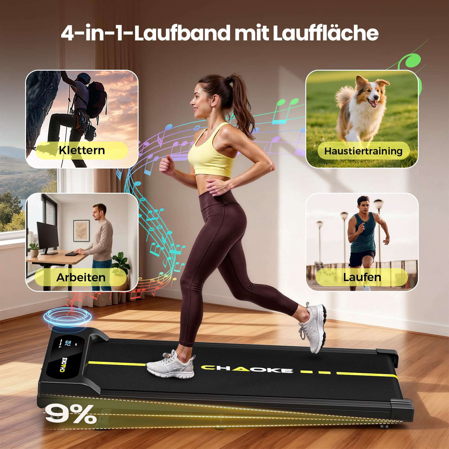 Walking Pad mit 9% Steigung, 1-10 km/h Laufband für Zuhause mit APP und Lautsprecher, 2,75 PS leises Schreibtisch Laufband