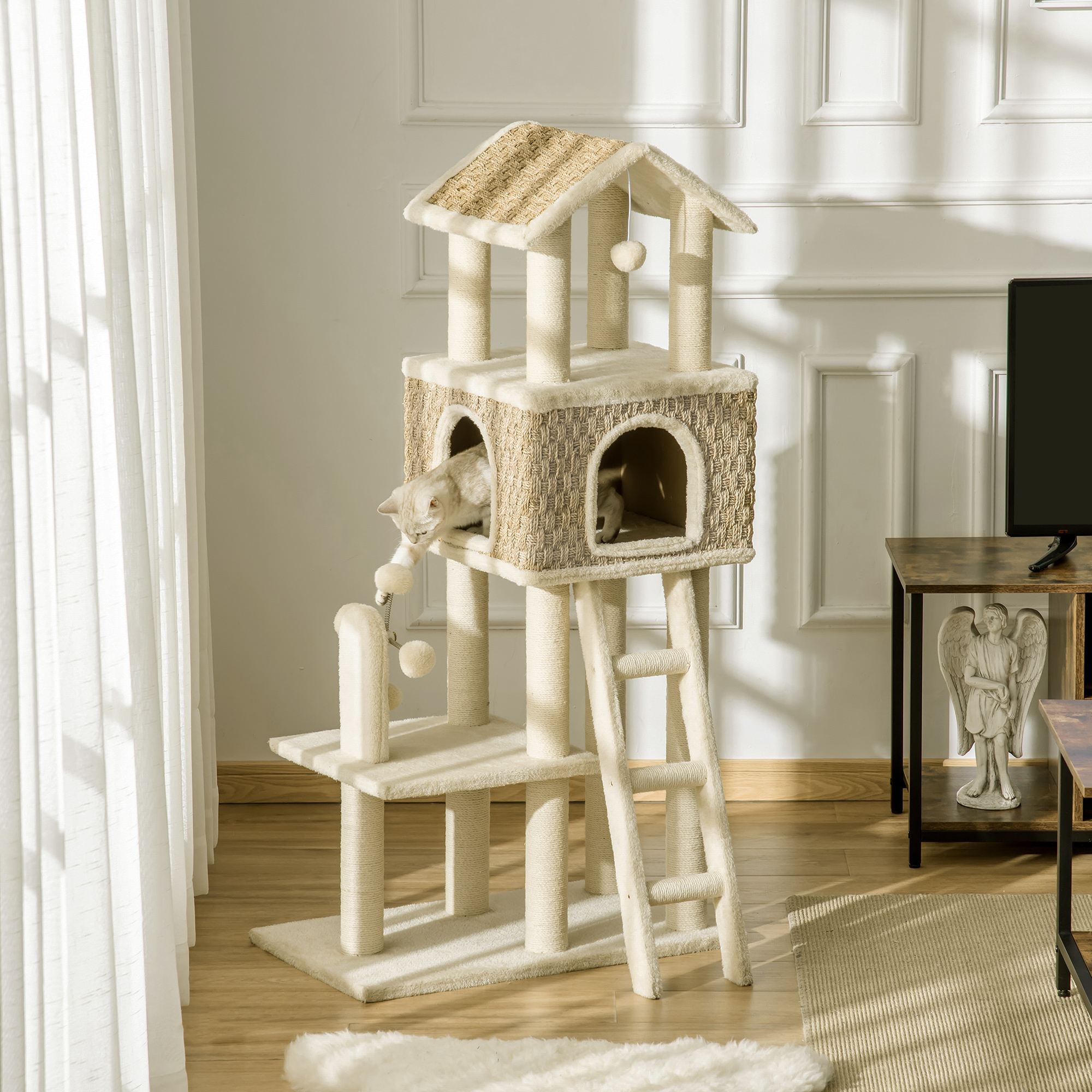 PawHut mit Katzenhöhle inkl. Spielzeug  Sisal Plüsch Khaki + Beige + Kaffee