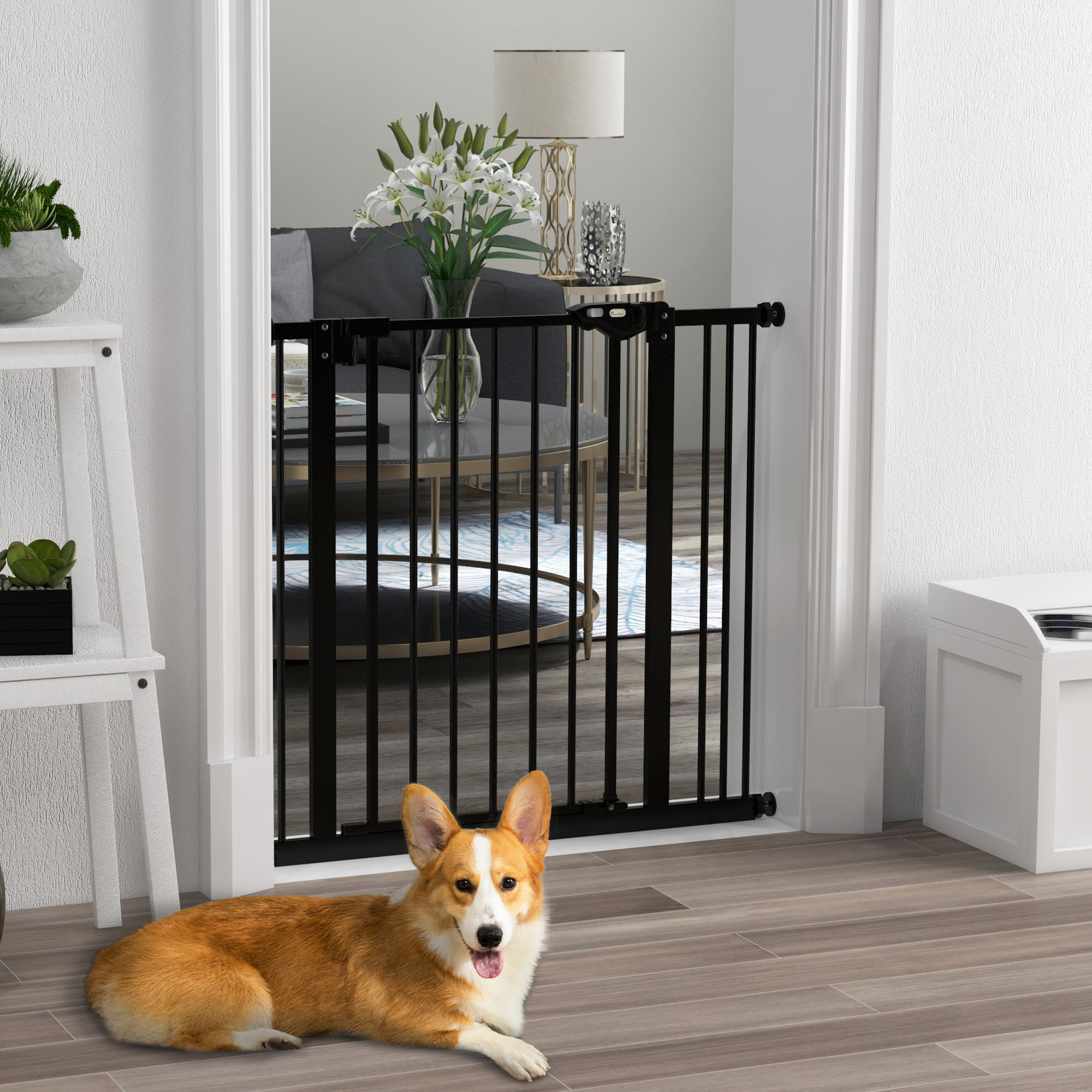 PawHut Türschutzgitter für Hunde, Absperrgitter, Schutzgitter für Haustiere, Metall, Kunststoff, 74-87 cm, Schwarz