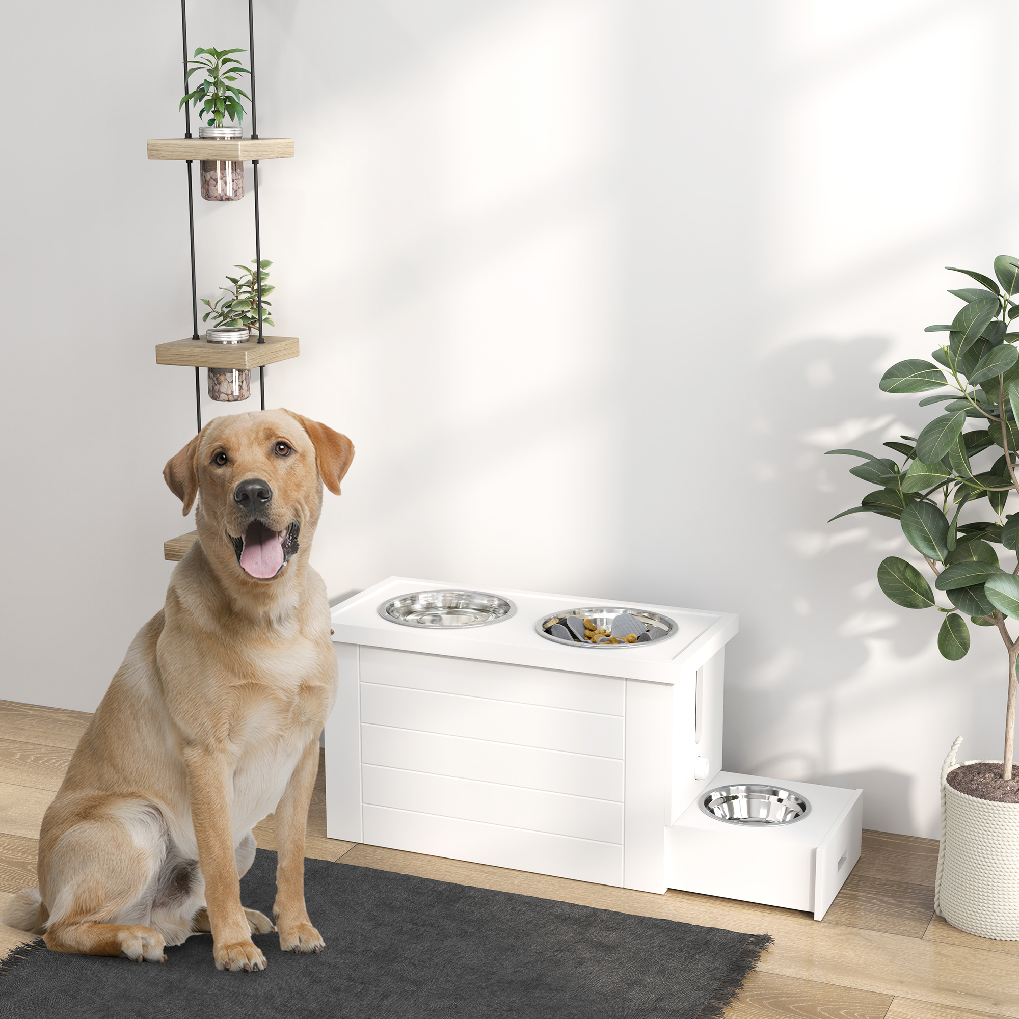 PawHut 2-in-1 Erhöhter Hundenapf Höhenverstellbar Futternapf mit Ständer 2 x 2L Edelstahlnäpfen Weiß