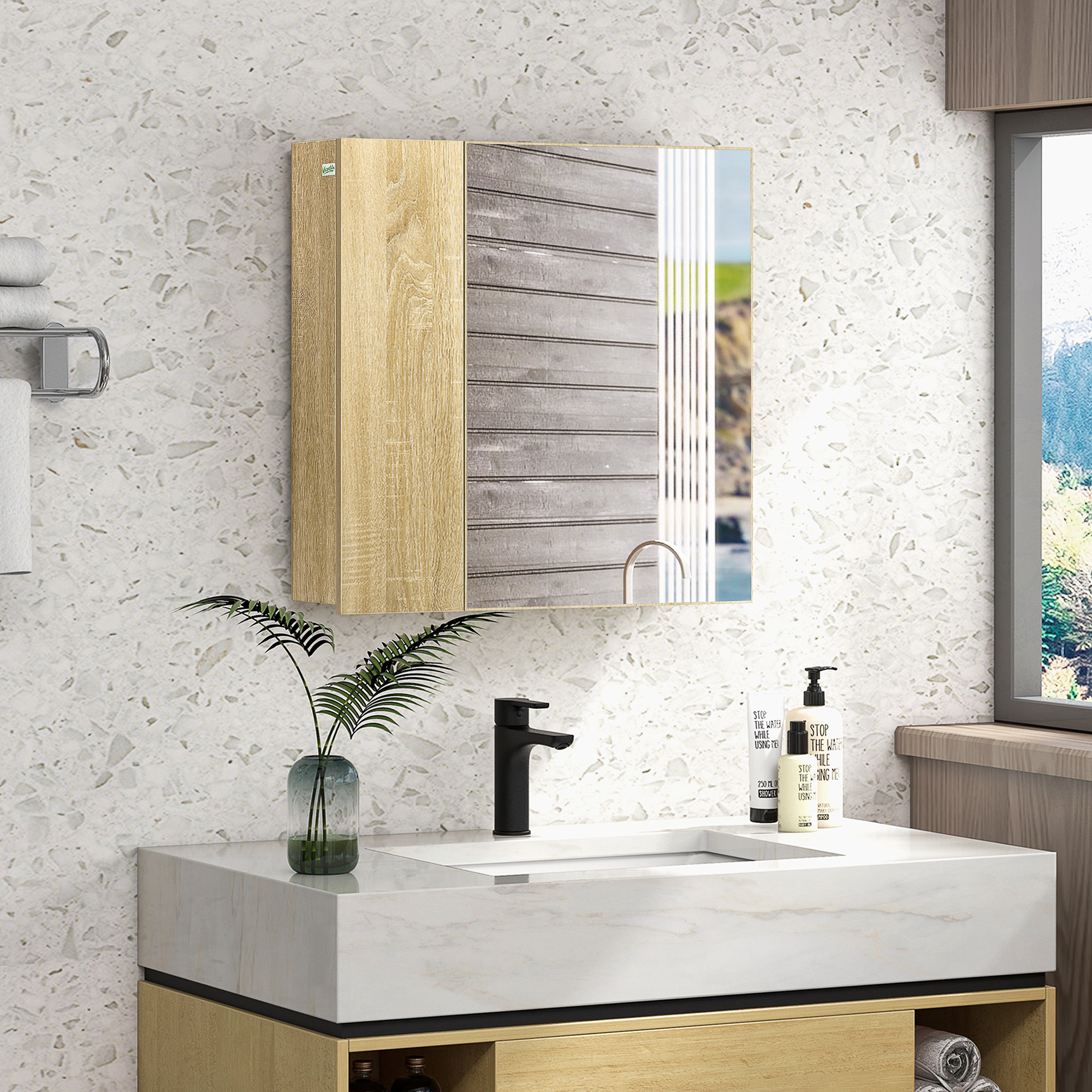 kleankin Wandmontierter Badezimmerspiegelschrank mit Spiegel Regalen und 2 Türen inkl. Befestigungsset 60 x 15 x 60 cm Naturholz