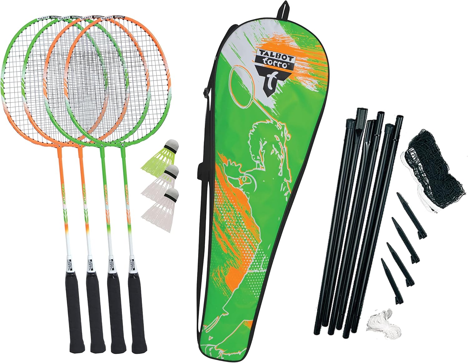 Talbot Torro Set da Badminton 4-Attacker Plus, 4 Racchette, 3 Volani, Set Completo di Rete, in Una Borsa di qualità