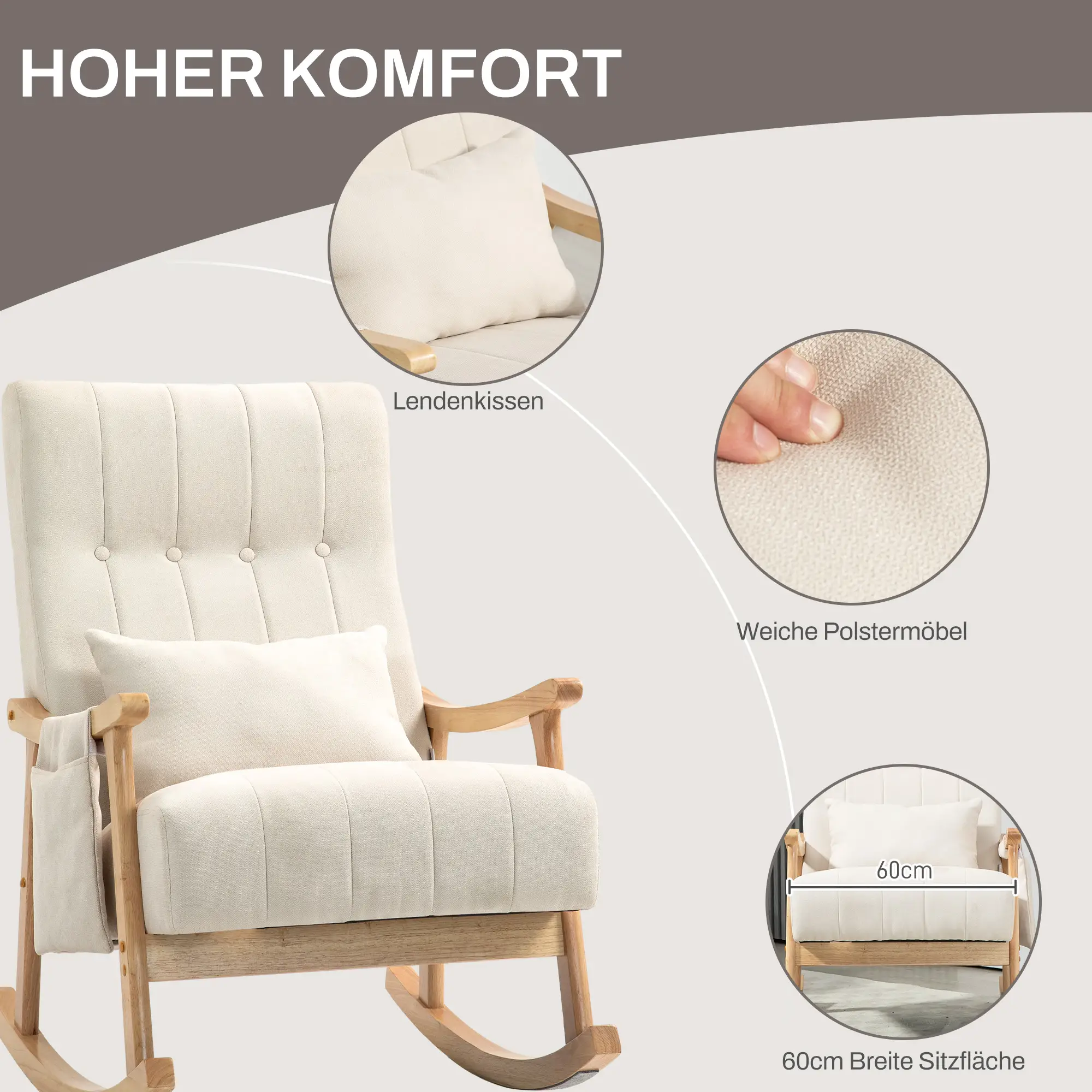 HOMCOM Schaukelstuhl mit Lendenkissen und Seitentasche Beige